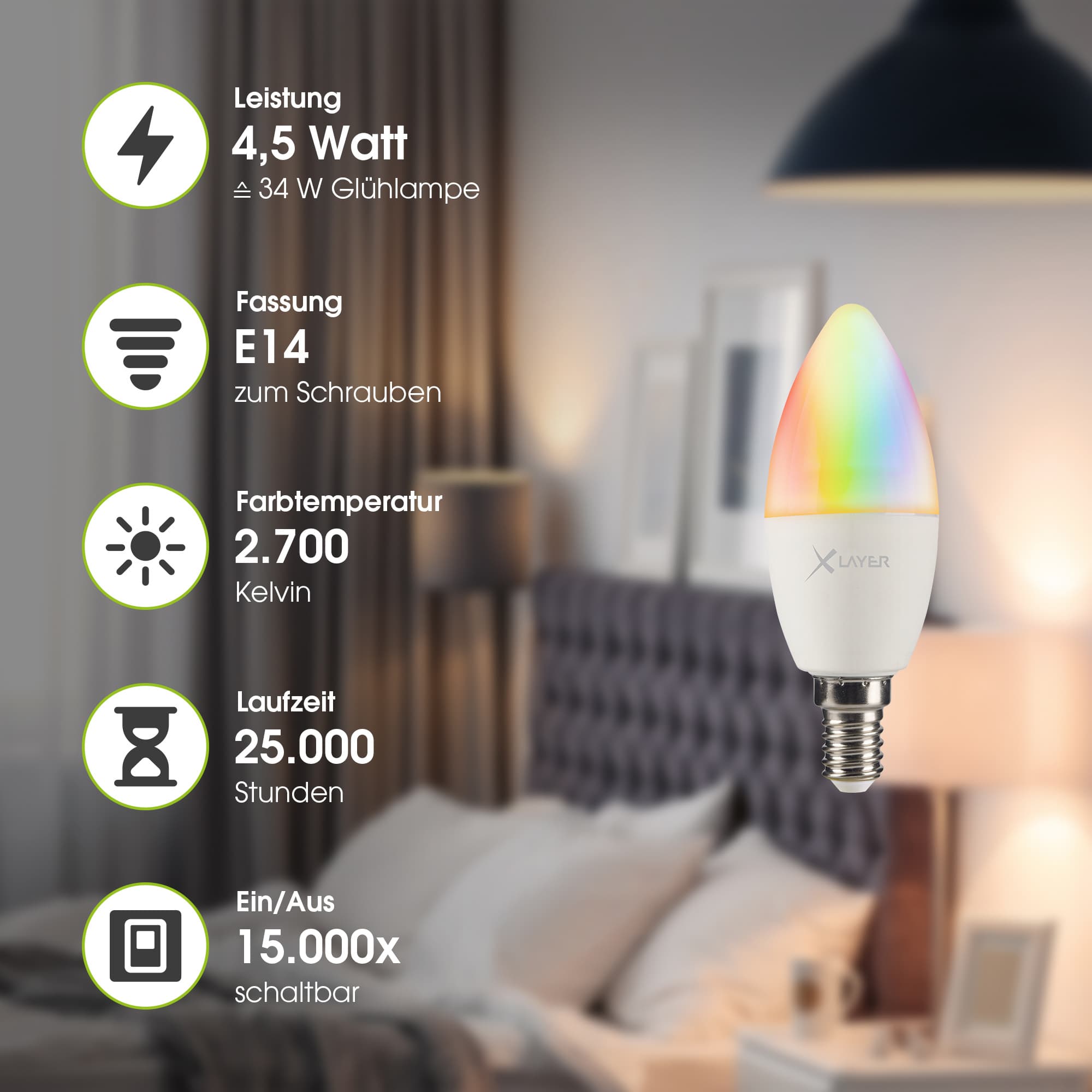 Produktbild XLayer Smart Home WiFi LED E14 - 4.5 Watt Lampe - Birne Mehrfarbig, Dimmbar, Warm- und Kaltweiß 3 von 3