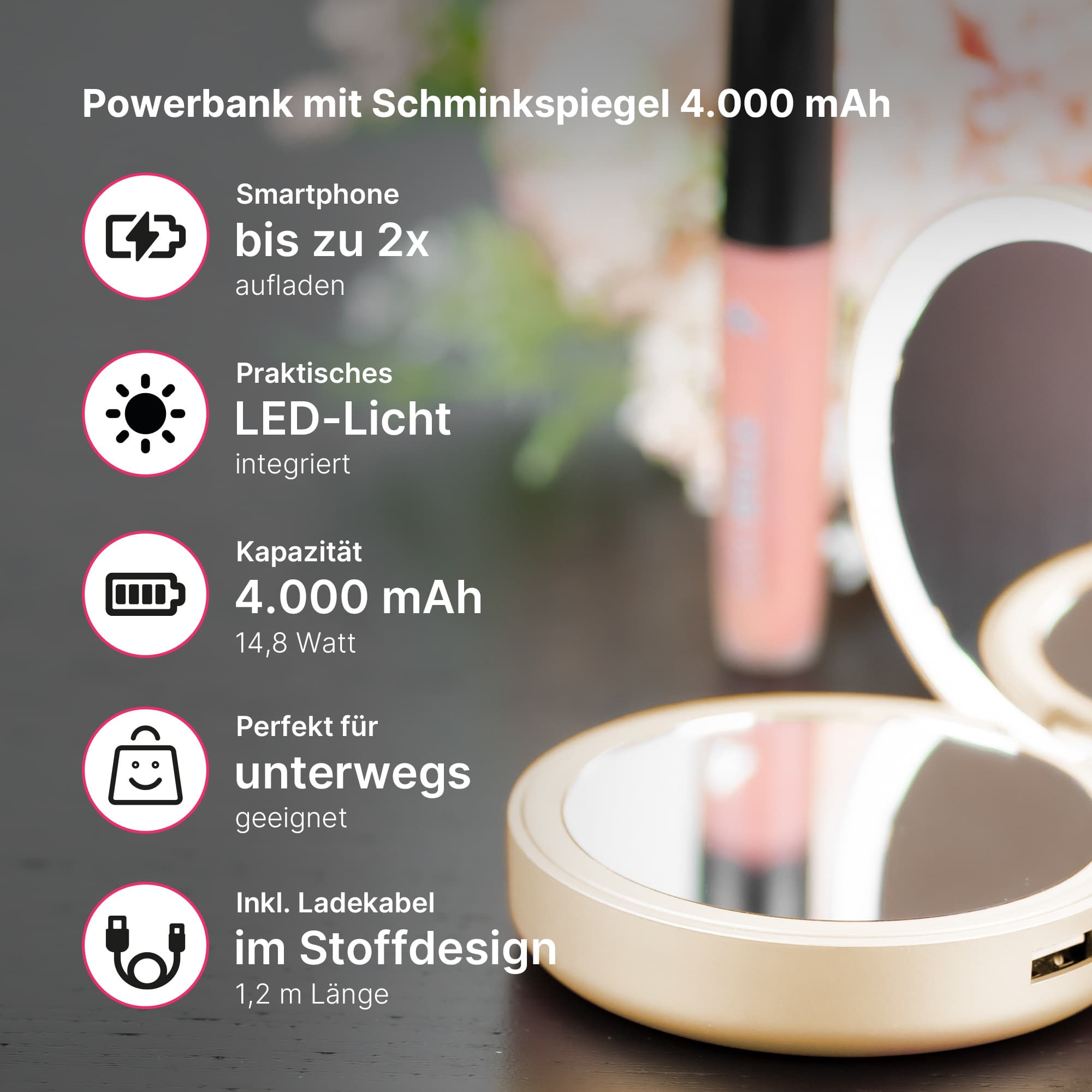Produktbild Lotta Power Schminkspiegel und Powerbank 4000mAh in Gold 3 von 5