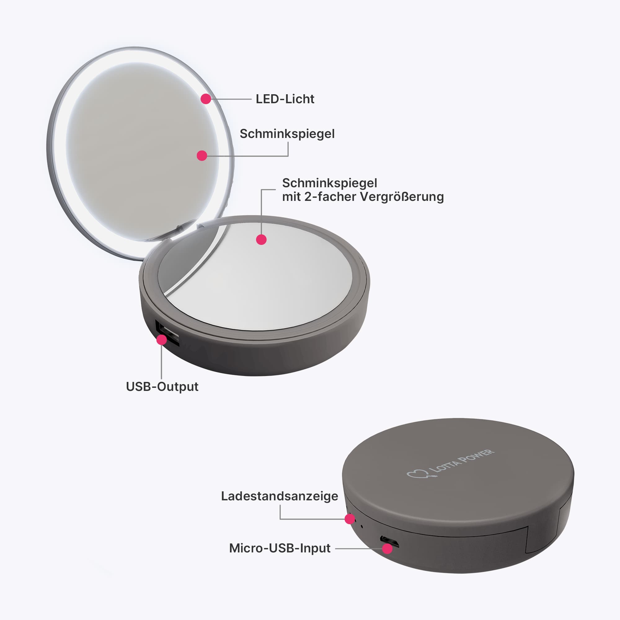 Produktbild Lotta Power Schminkspiegel und Powerbank 4000mAh in Space Grey 2 von 6