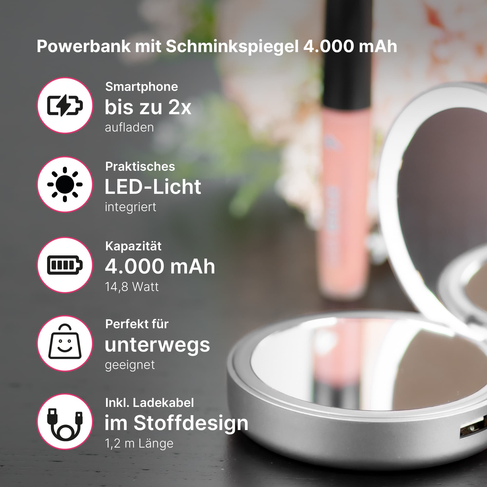 Produktbild Lotta Power Schminkspiegel und Powerbank 4000mAh in Space Grey 3 von 6