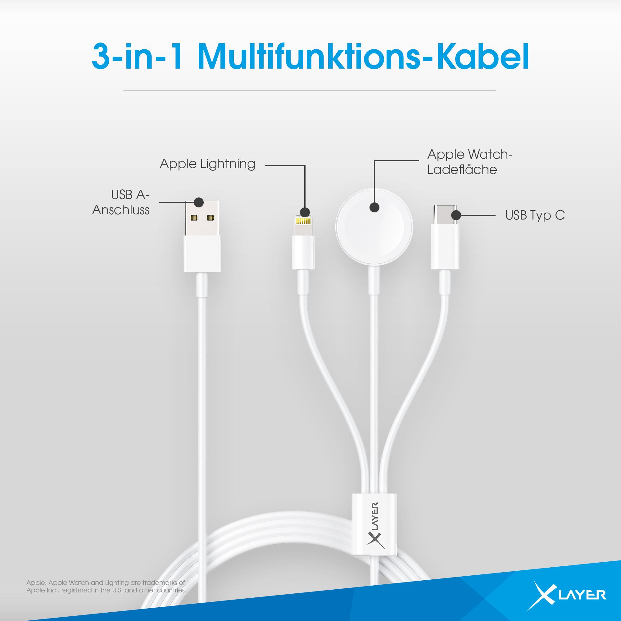 Produktbild XLayer 3 in 1 Multifunktions-Kabel für Apple Produkte 1.5m Weiß 4 von 4