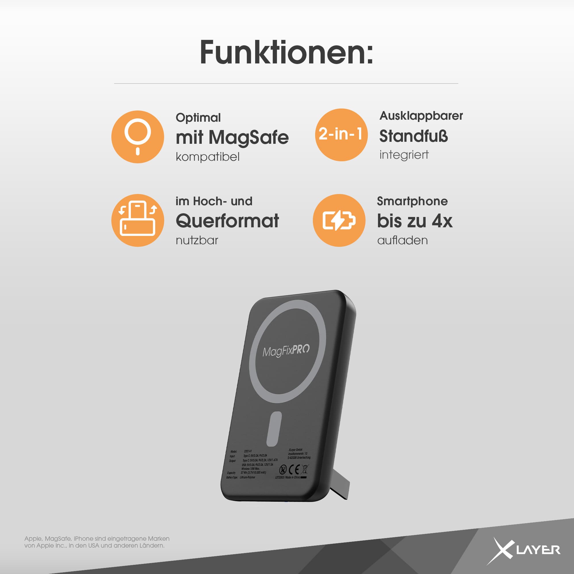 Produktbild XLayer MagFix Pro Powerbank Stand magnetisch 10.000 mAh PD 20W Schwarz 3 von 8
