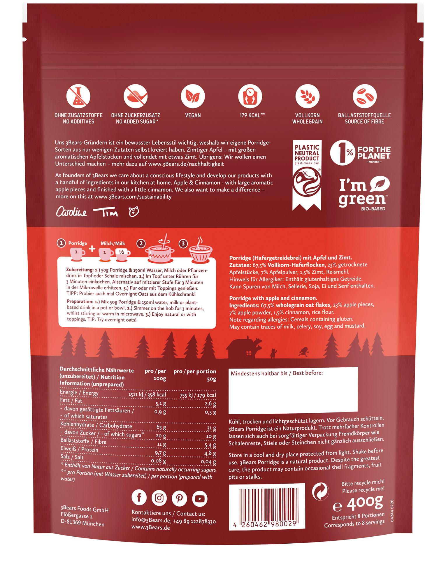 Produktbild 3Bears Porridge Zimtiger Apfel 2 von 2