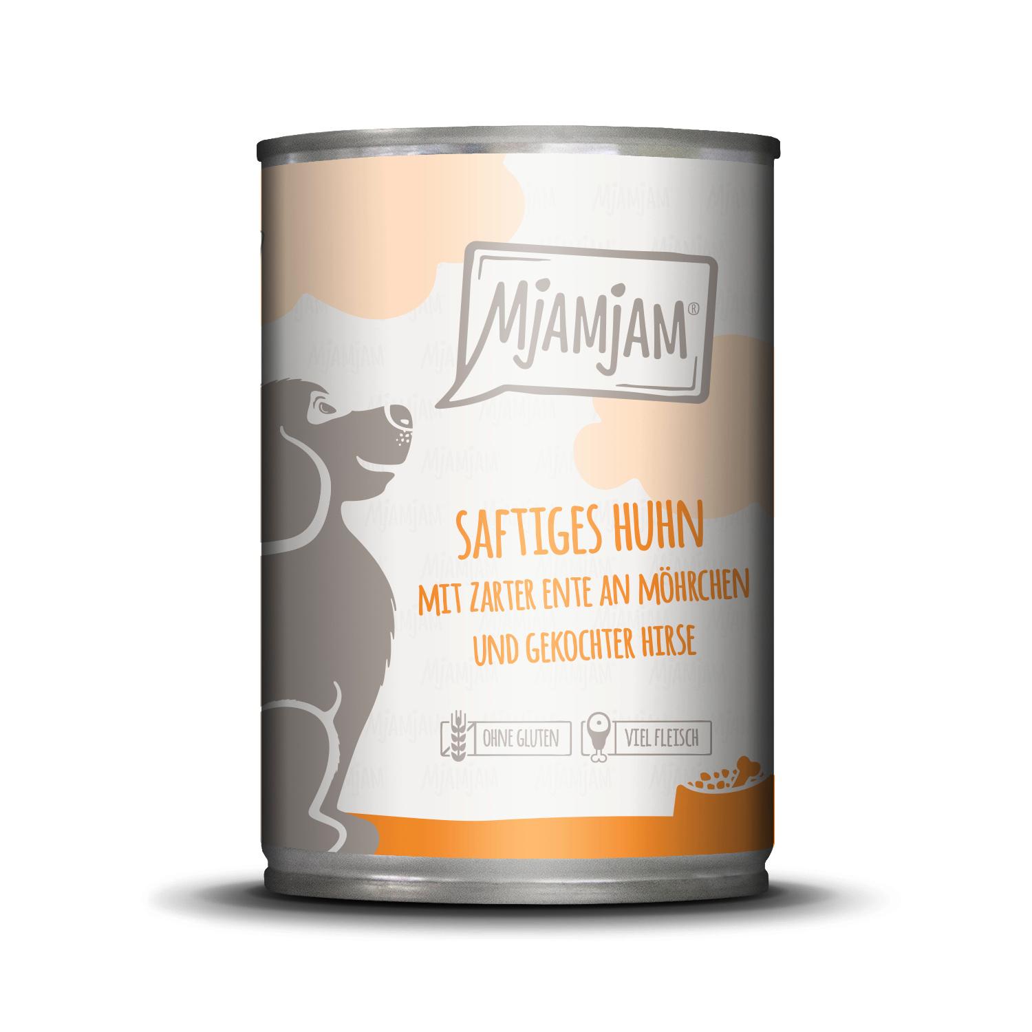MjAMjAM Hundenassfutter Saftiges Huhn mit zarter Ente an Möhrchen und gekochter Hirse