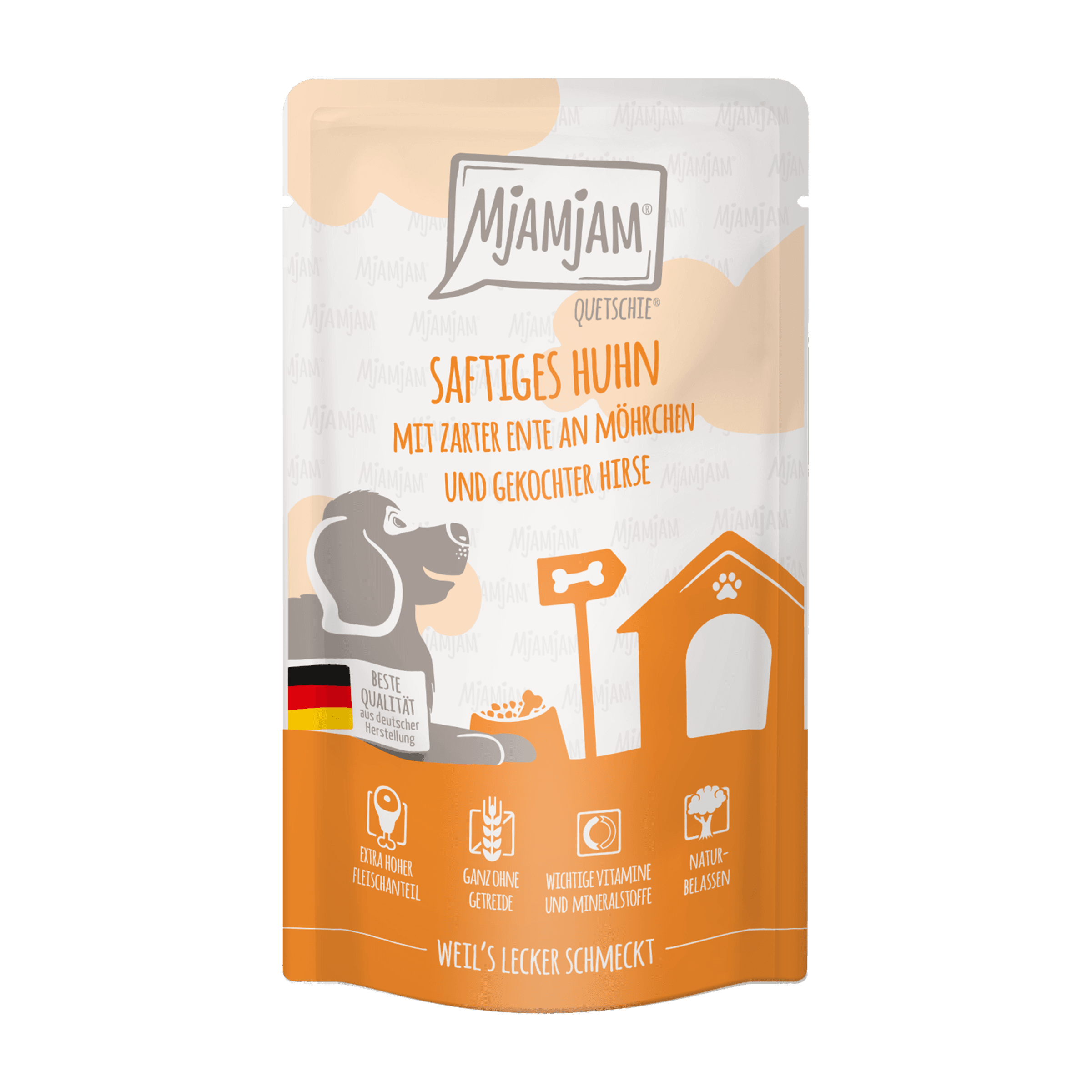 MjAMjAM Hundenassfutter Quetschie saftiges Huhn mit zarter Ente an Möhrchen und gekochter Hirse