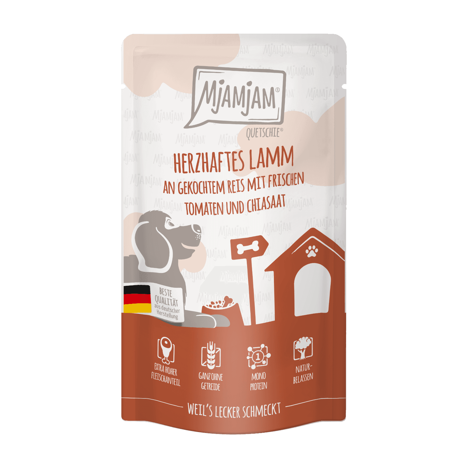 MjAMjAM Hundenassfutter Quetschie herzhaftes Lamm an gekochtem Reis mit frischen Tomaten und Chiasaat
