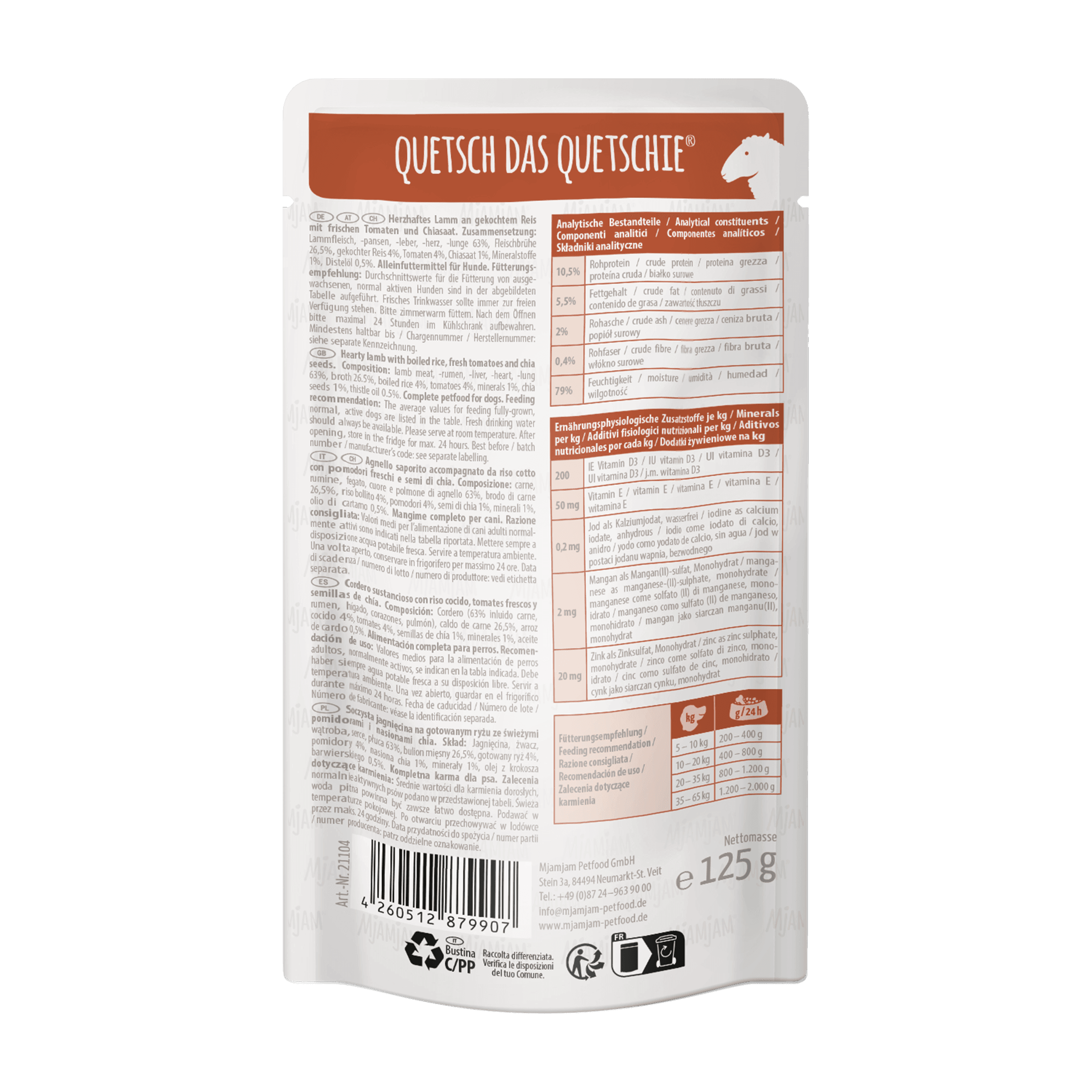 Produktbild MjAMjAM Hundenassfutter Quetschie herzhaftes Lamm an gekochtem Reis mit frischen Tomaten und Chiasaat 2 von 2