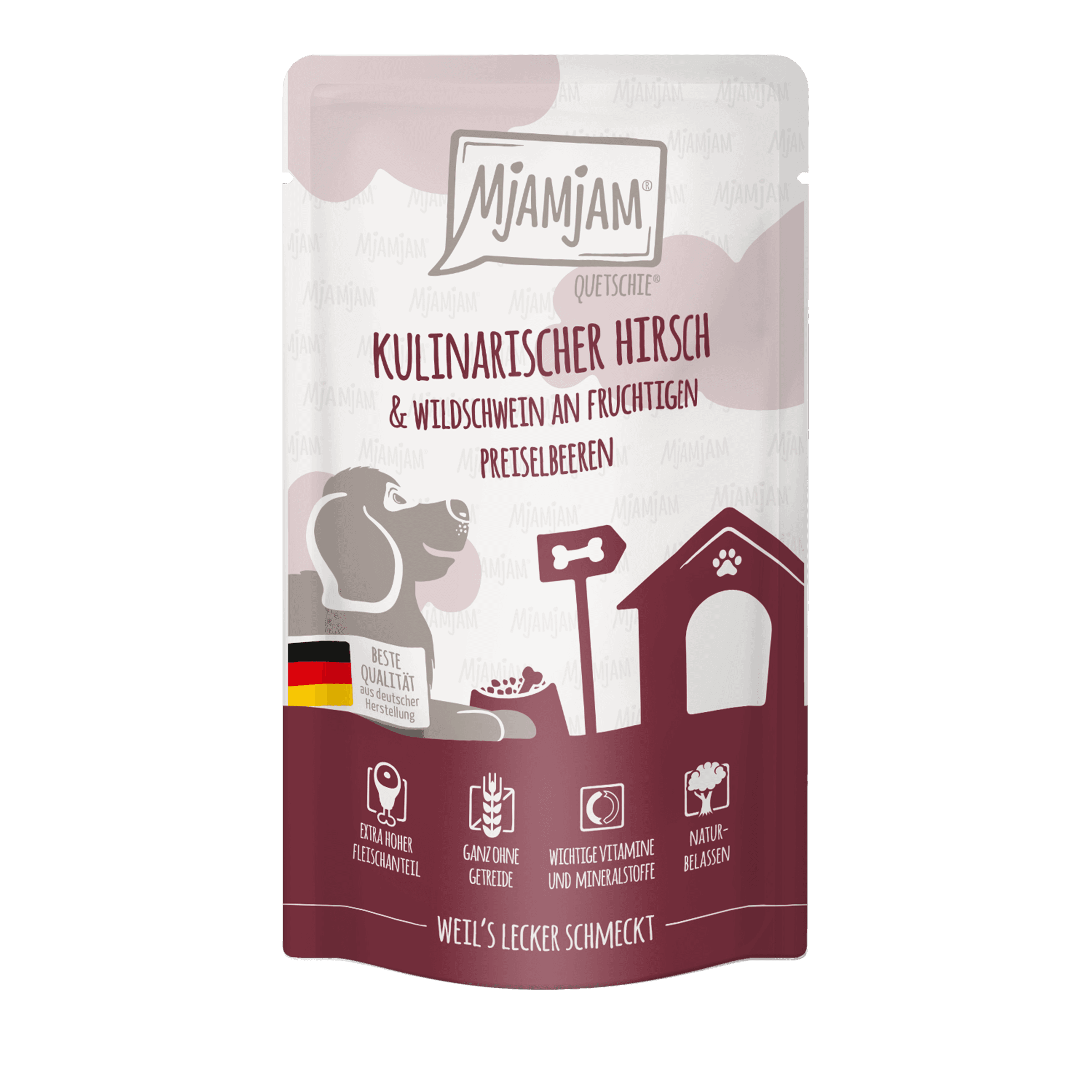 MjAMjAM Hundenassfutter Quetschie kulinarischer Hirsch & Wildschwein an fruchtigen Preiselbeeren