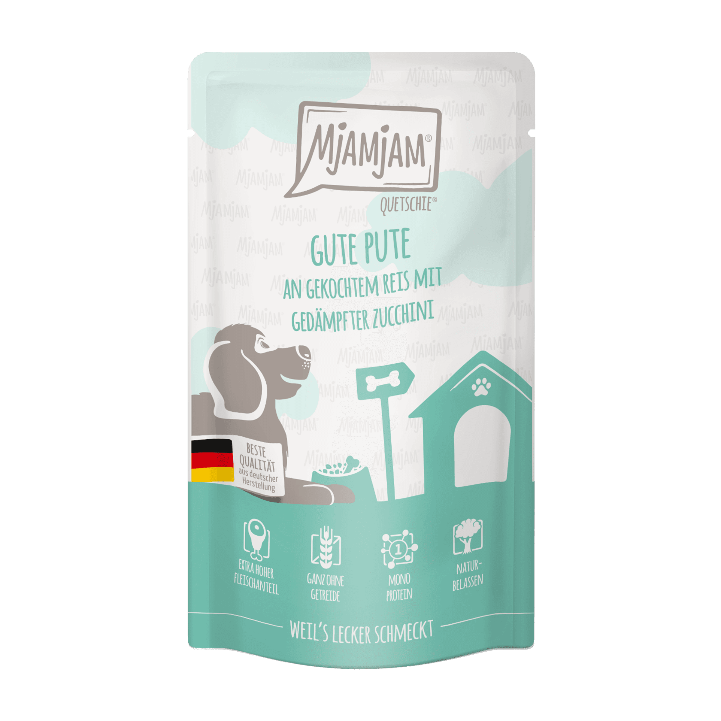 MjAMjAM Hundenassfutter Quetschie gute Pute an gekochtem Reis mit gedämpfter Zucchini