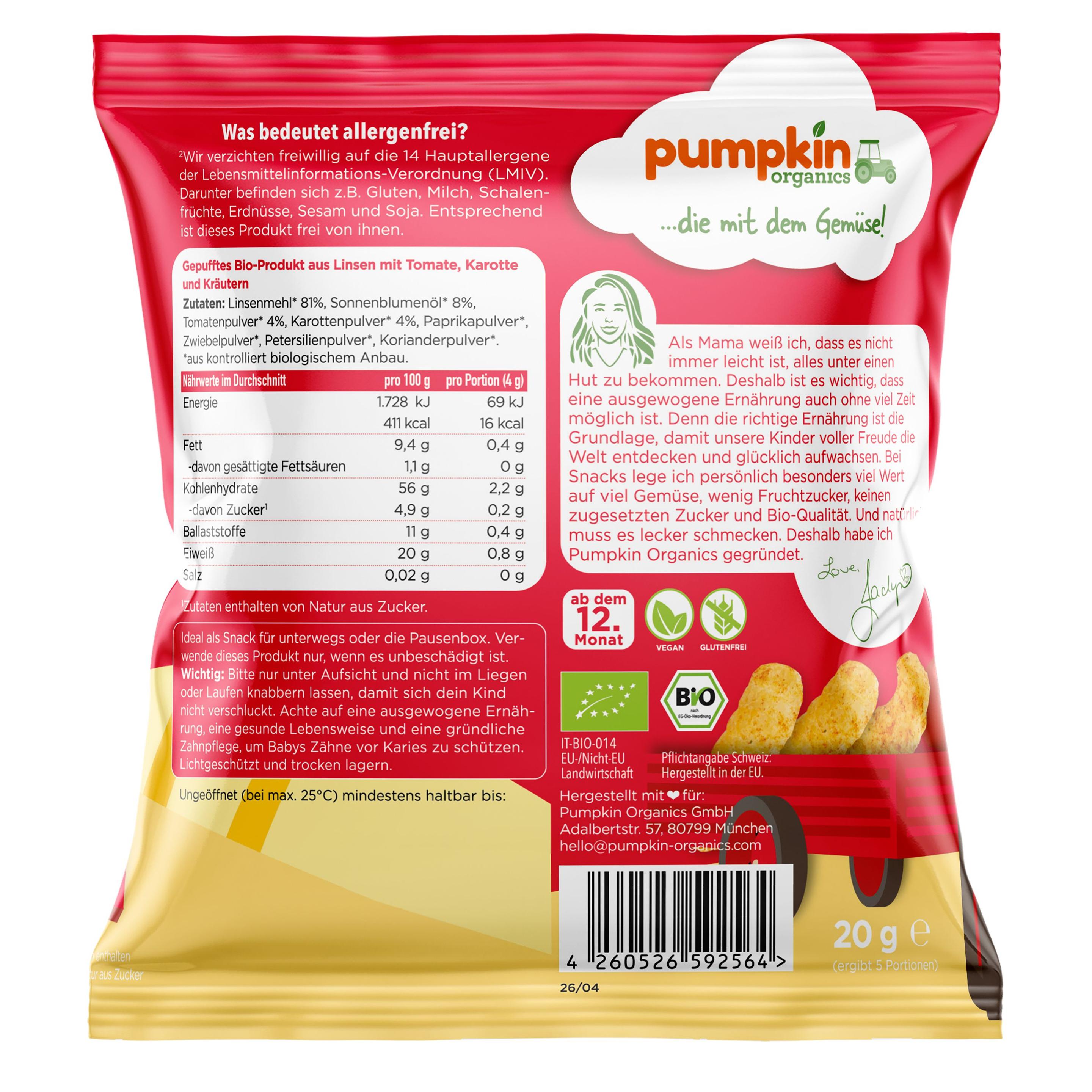 Produktbild pumpkin organics Bio Linsen Puffs mit Tomate, Karotte&Kräutern 2 von 10