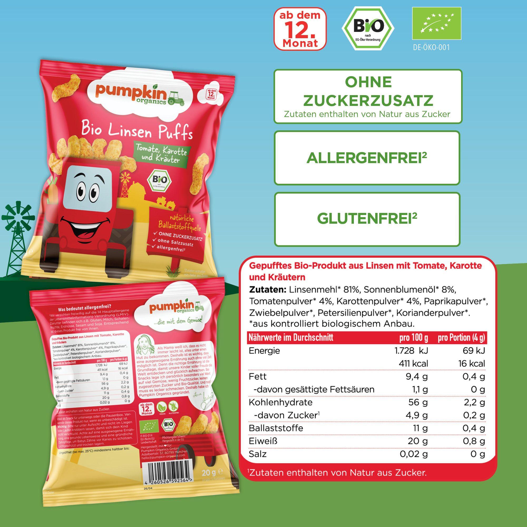 Produktbild pumpkin organics Bio Linsen Puffs mit Tomate, Karotte&Kräutern 9 von 10