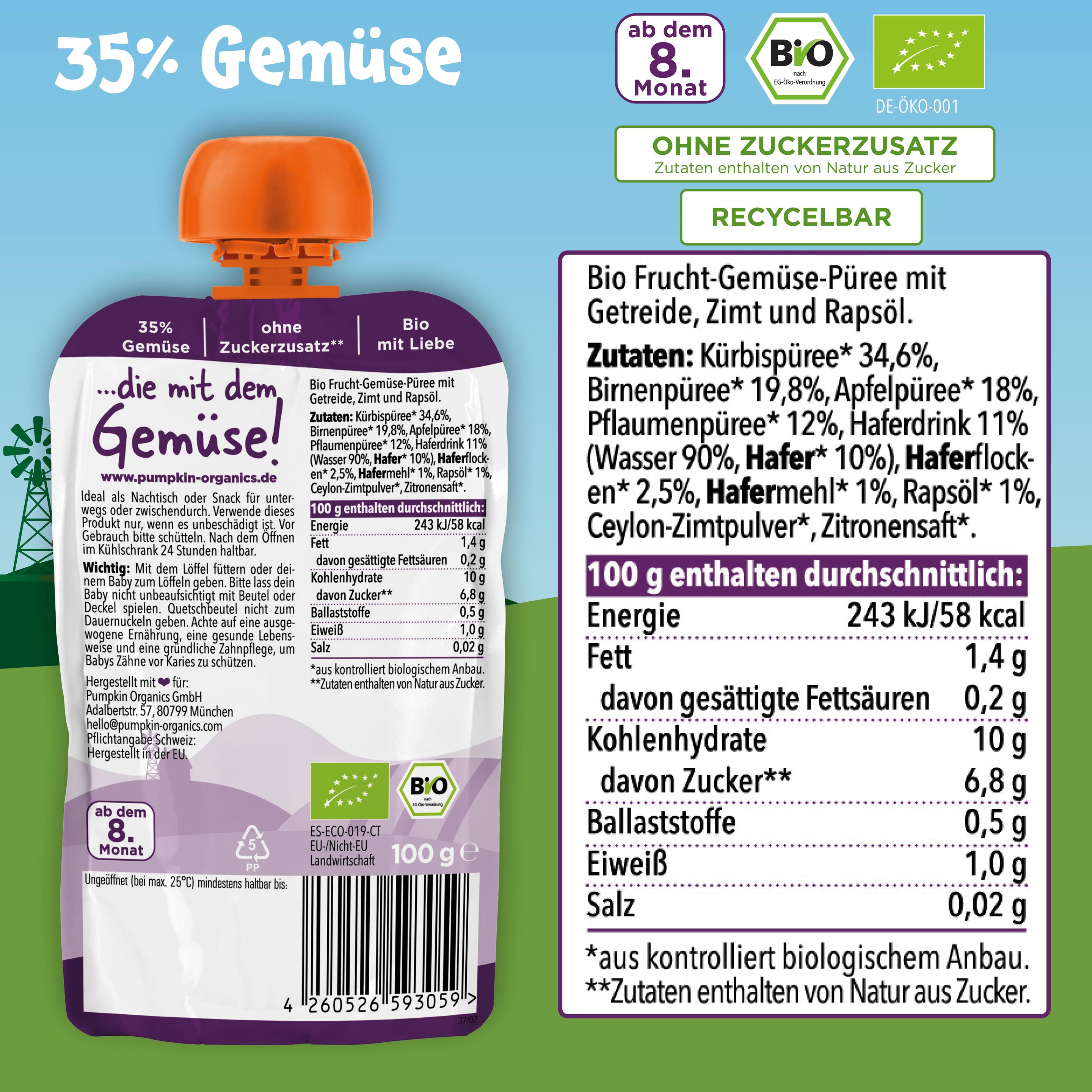 Produktbild pumpkin organics Bio Quetschie Kürbis, Birne, Pflaume, Hafer 4 von 8