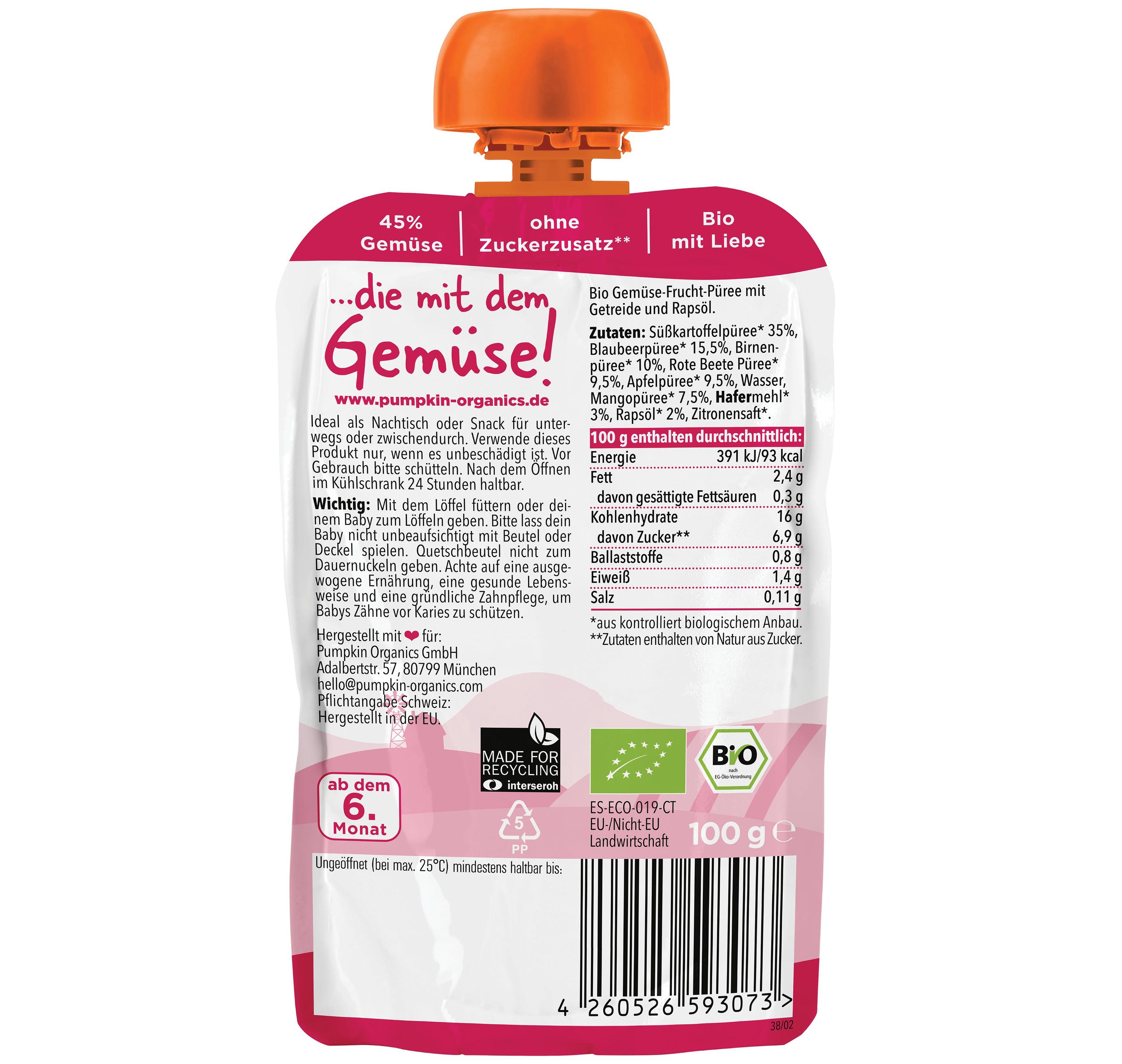 Produktbild pumpkin organics Bio Quetschie Süßkartoffel, Blaubeere, Rote Beete, Hafer 2 von 8