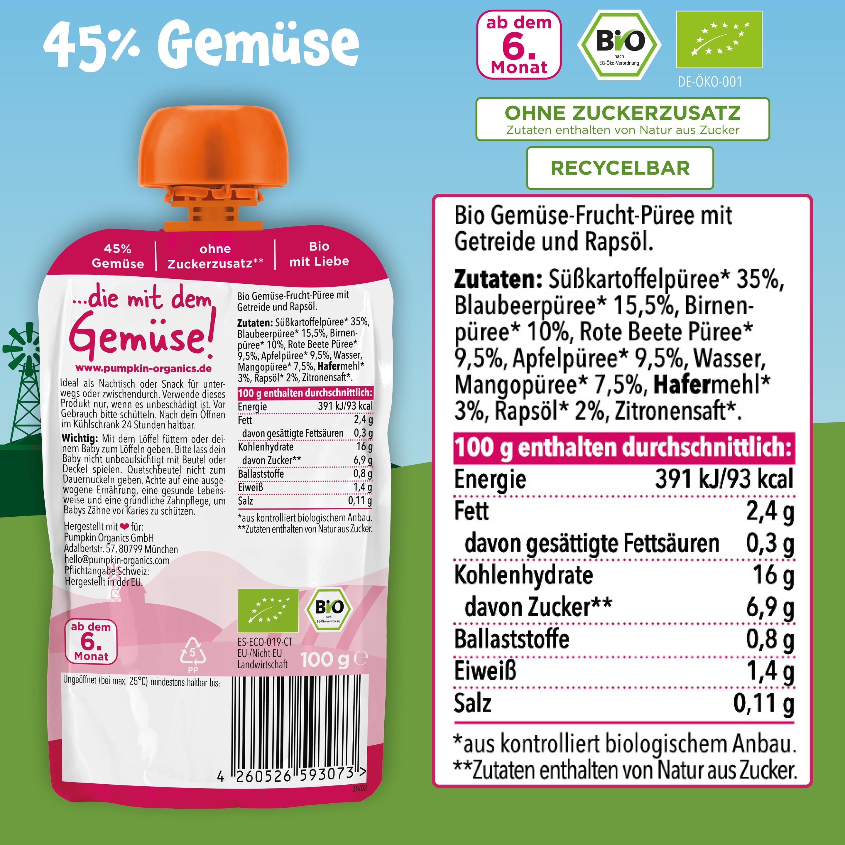 Produktbild pumpkin organics Bio Quetschie Süßkartoffel, Blaubeere, Rote Beete, Hafer 8 von 8