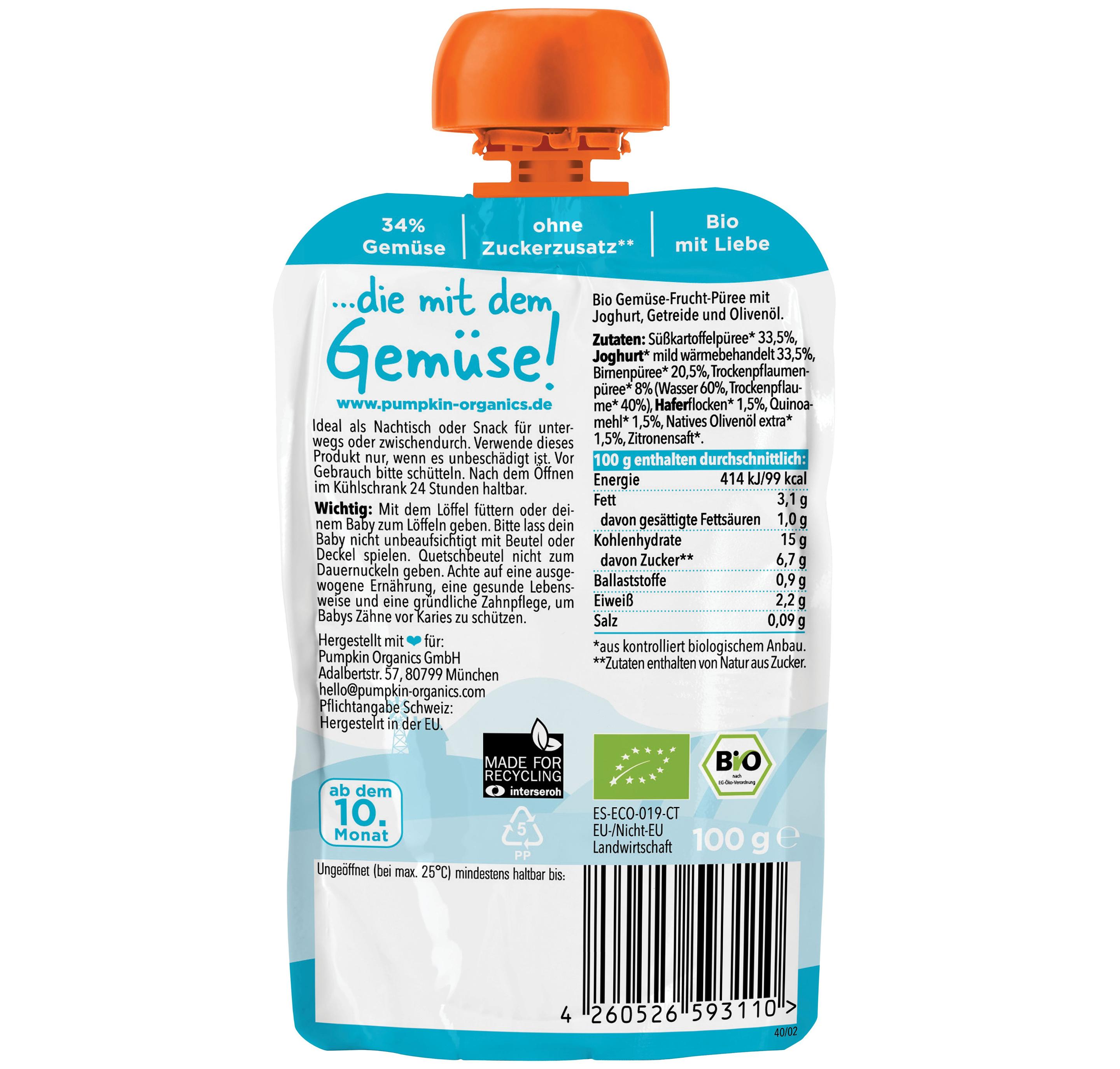 Produktbild pumpkin organics Bio Quetschie Süßkartoffel, Joghurt, Trockenpflaume, Hafer 2 von 5
