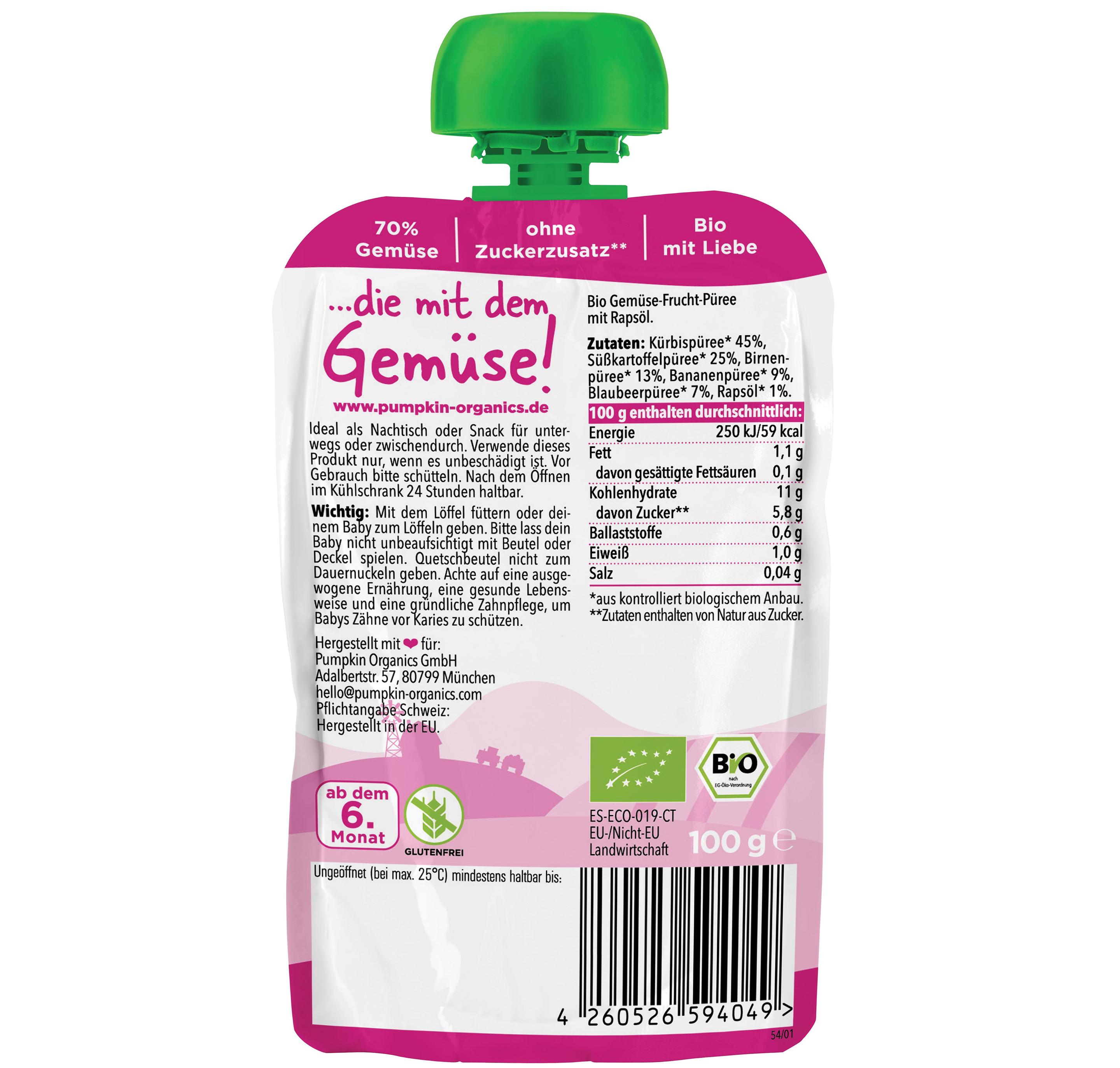 Produktbild pumpkin organics Bio Quetschie Kürbis, Süßkartoffel, Birne, Banane, Blaubeere 2 von 10