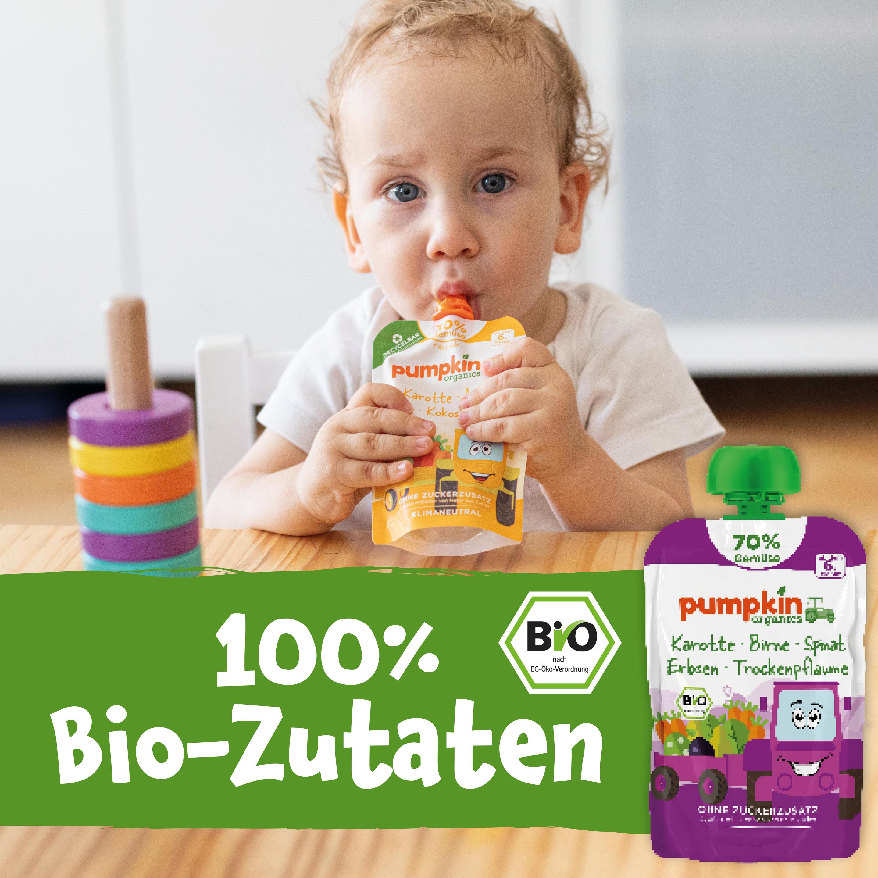 Produktbild pumpkin organics Bio Quetschie Karotte, Birne, Spinat, Erbsen, Trockenpflaume 10 von 10