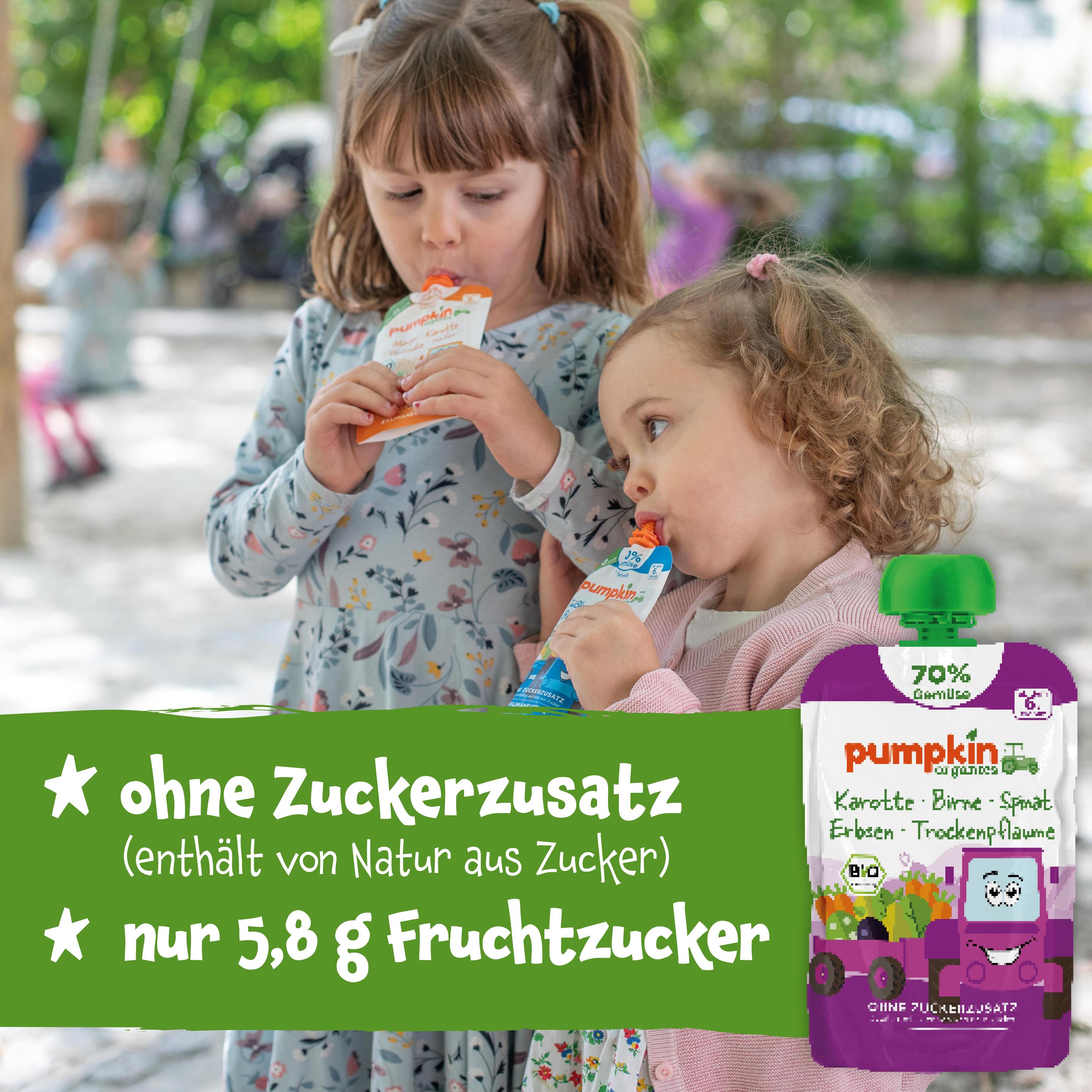 Produktbild pumpkin organics Bio Quetschie Karotte, Birne, Spinat, Erbsen, Trockenpflaume 4 von 10