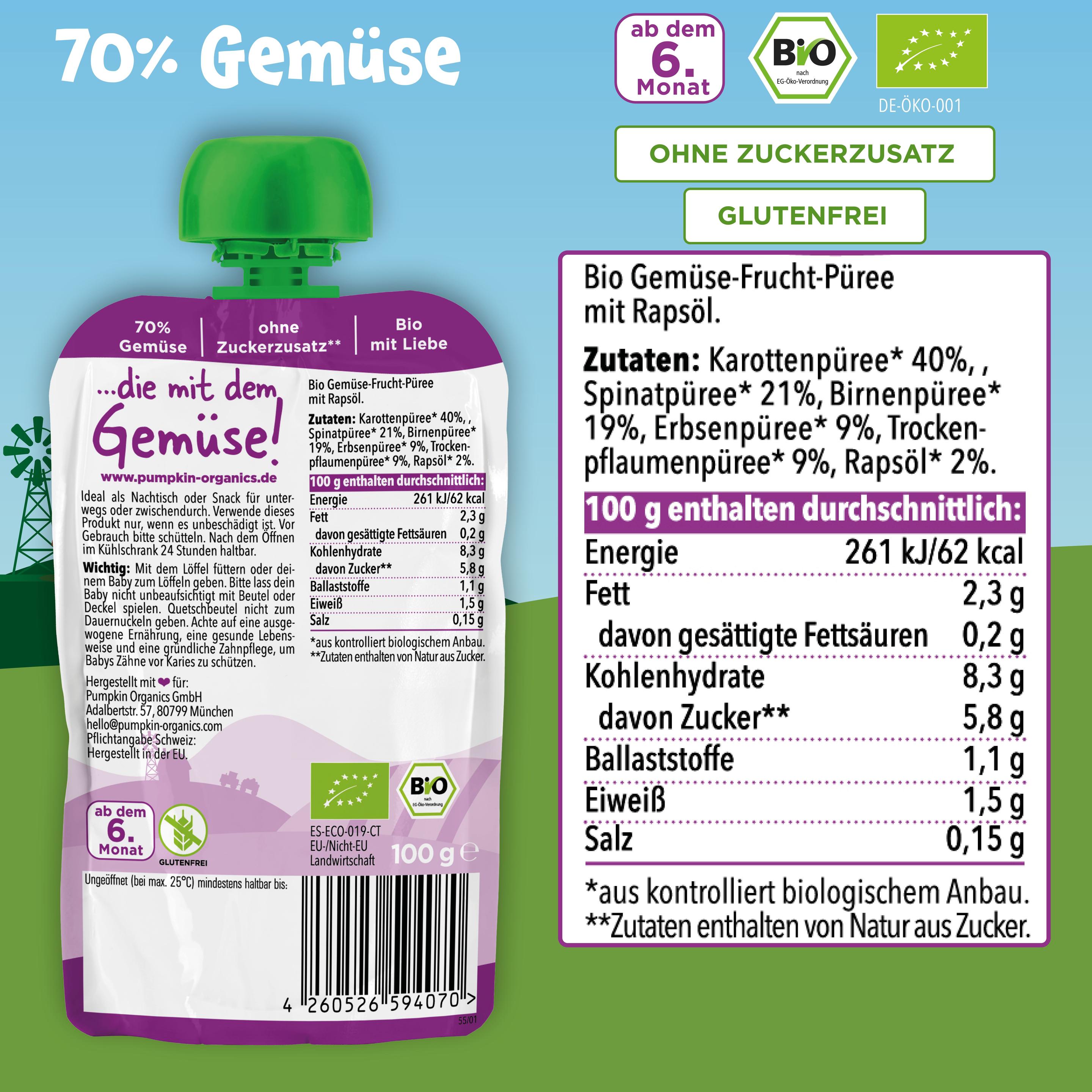 Produktbild pumpkin organics Bio Quetschie Karotte, Birne, Spinat, Erbsen, Trockenpflaume 5 von 10