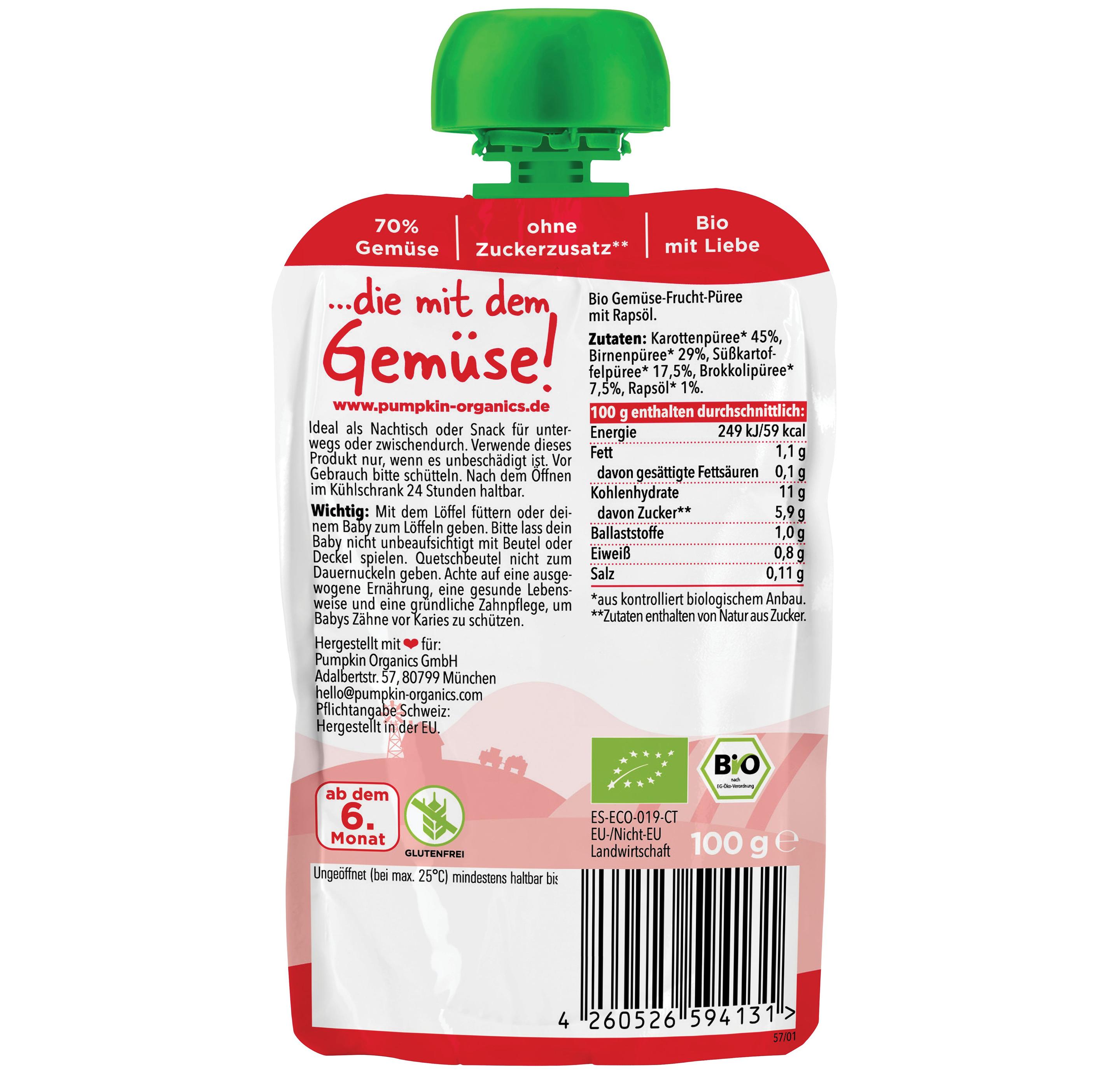 Produktbild pumpkin organics Bio Quetschie Karotte, Birne, Süßkartoffel, Brokkoli 2 von 10
