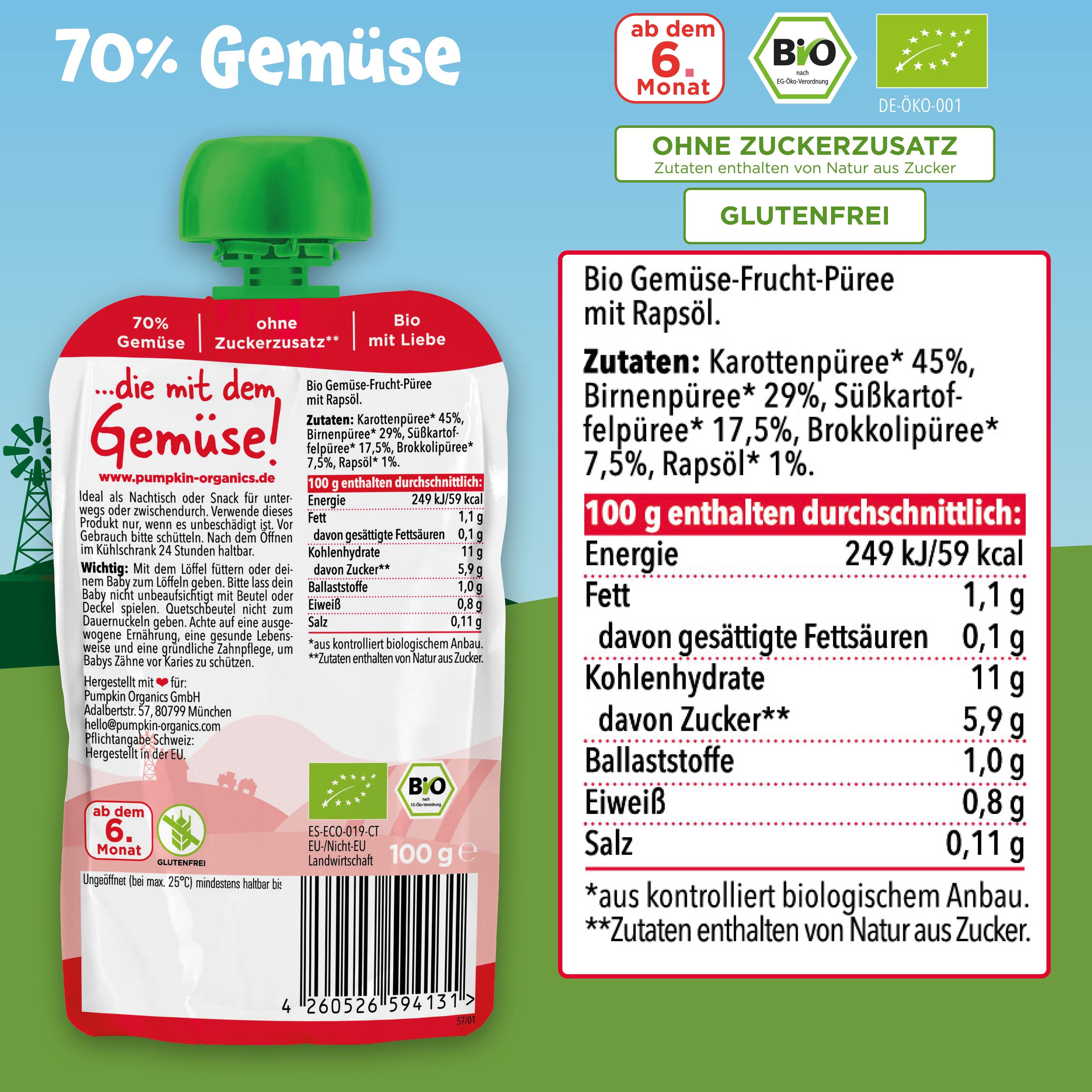 Produktbild pumpkin organics Bio Quetschie Karotte, Birne, Süßkartoffel, Brokkoli 9 von 10