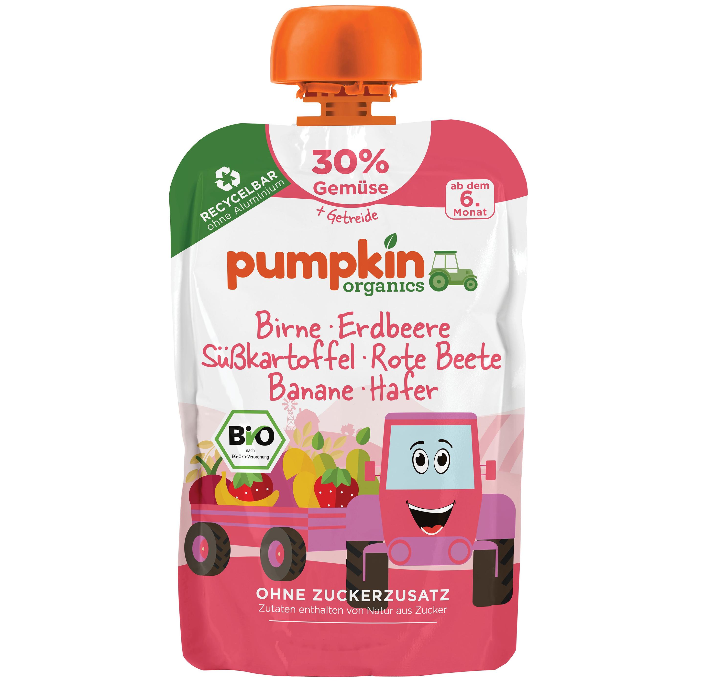 pumpkin organics Bio Quetschie: Birne, Erdbeere, Süßkartoffel, Rote Beete, Hafer