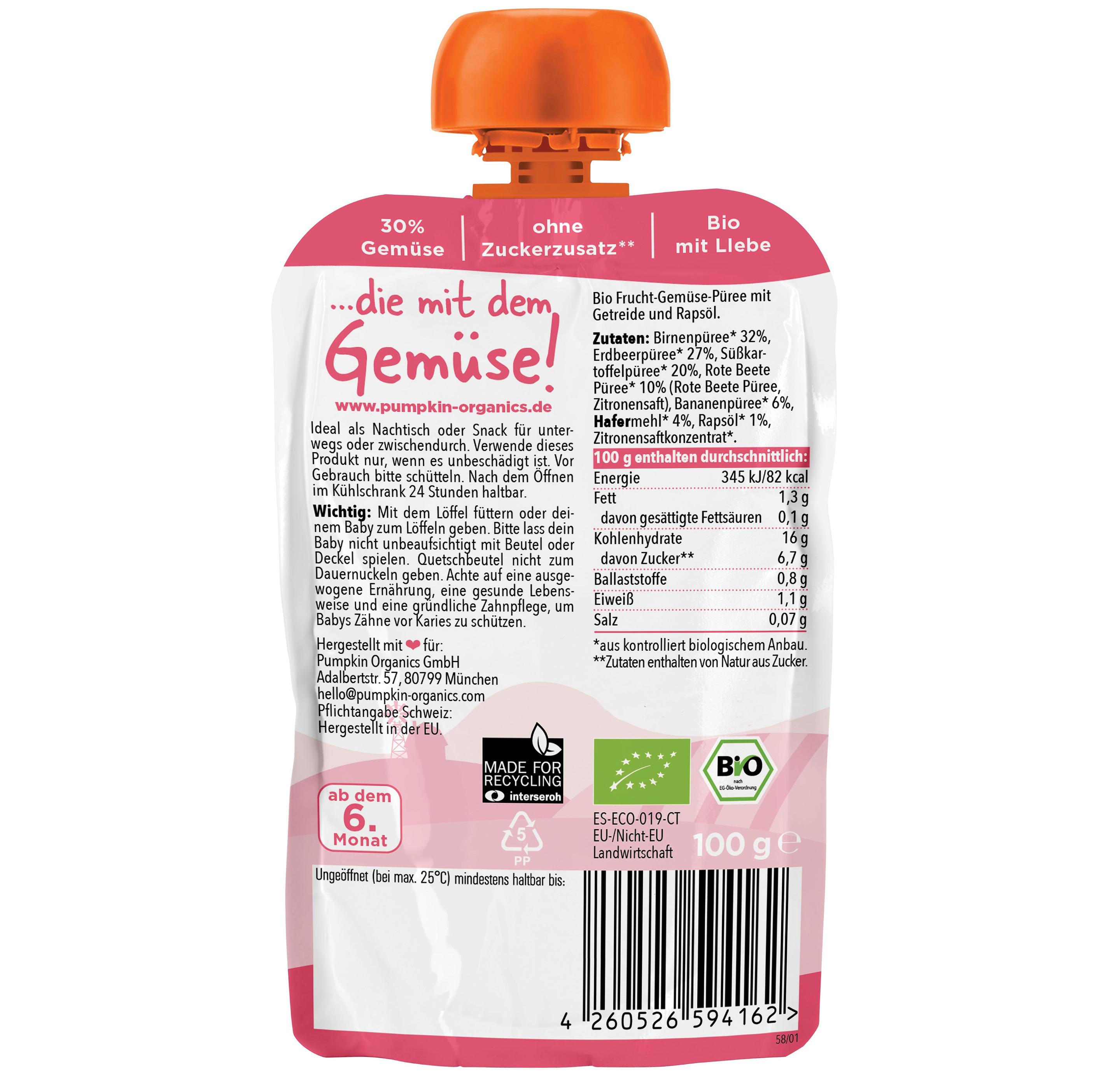 Produktbild pumpkin organics Bio Quetschie: Birne, Erdbeere, Süßkartoffel, Rote Beete, Hafer 2 von 10