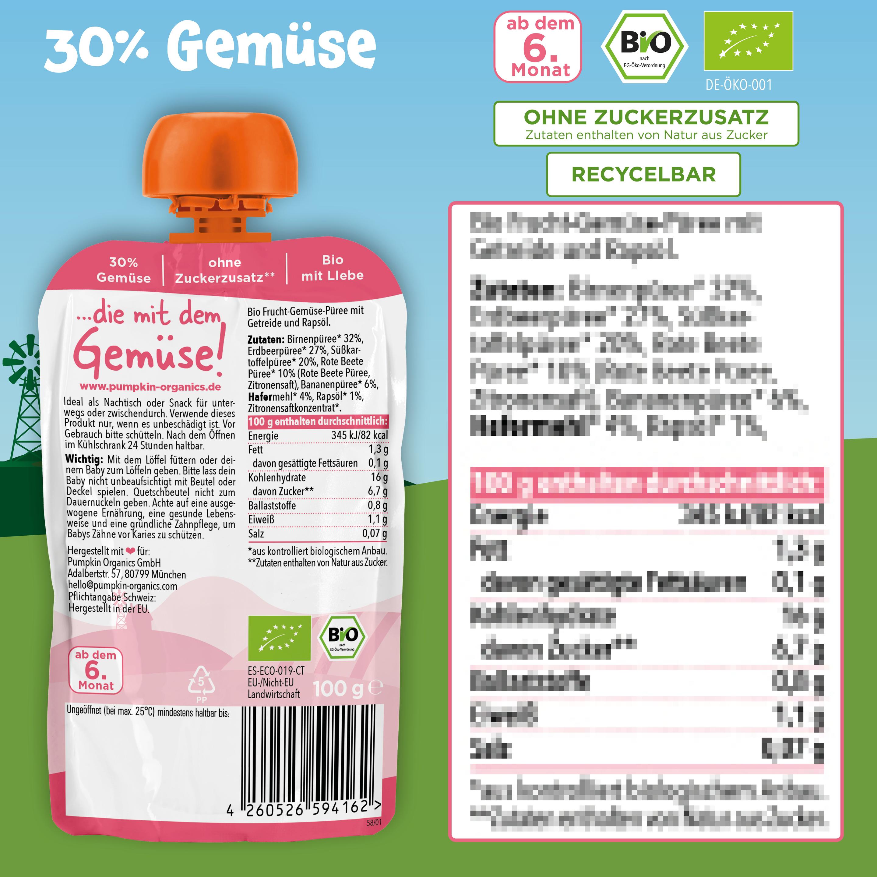 Produktbild pumpkin organics Bio Quetschie: Birne, Erdbeere, Süßkartoffel, Rote Beete, Hafer 8 von 10