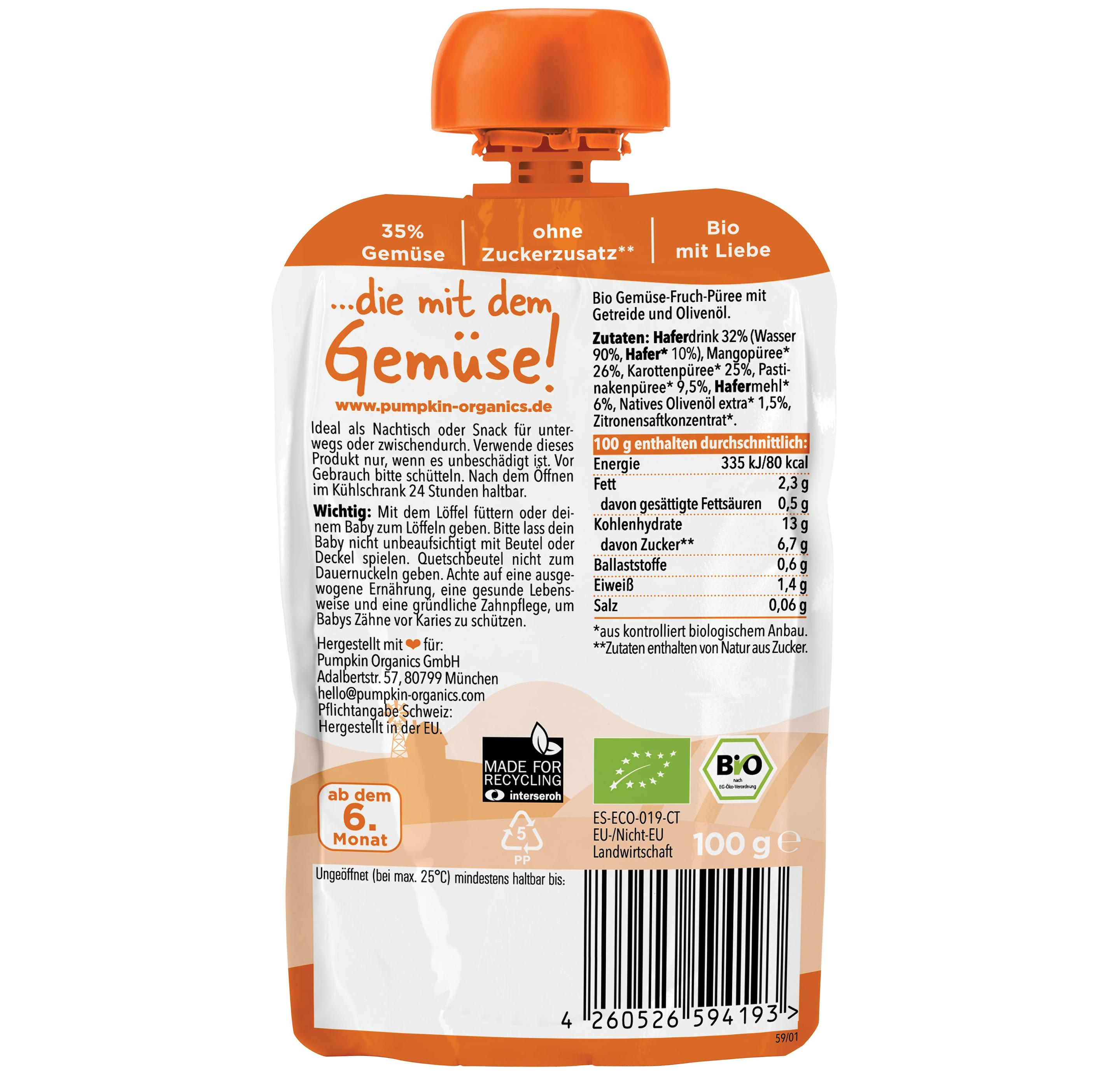 Produktbild pumpkin organics Bio Quetschie: Mango, Karotte, Pastinake, Hafer 2 von 10