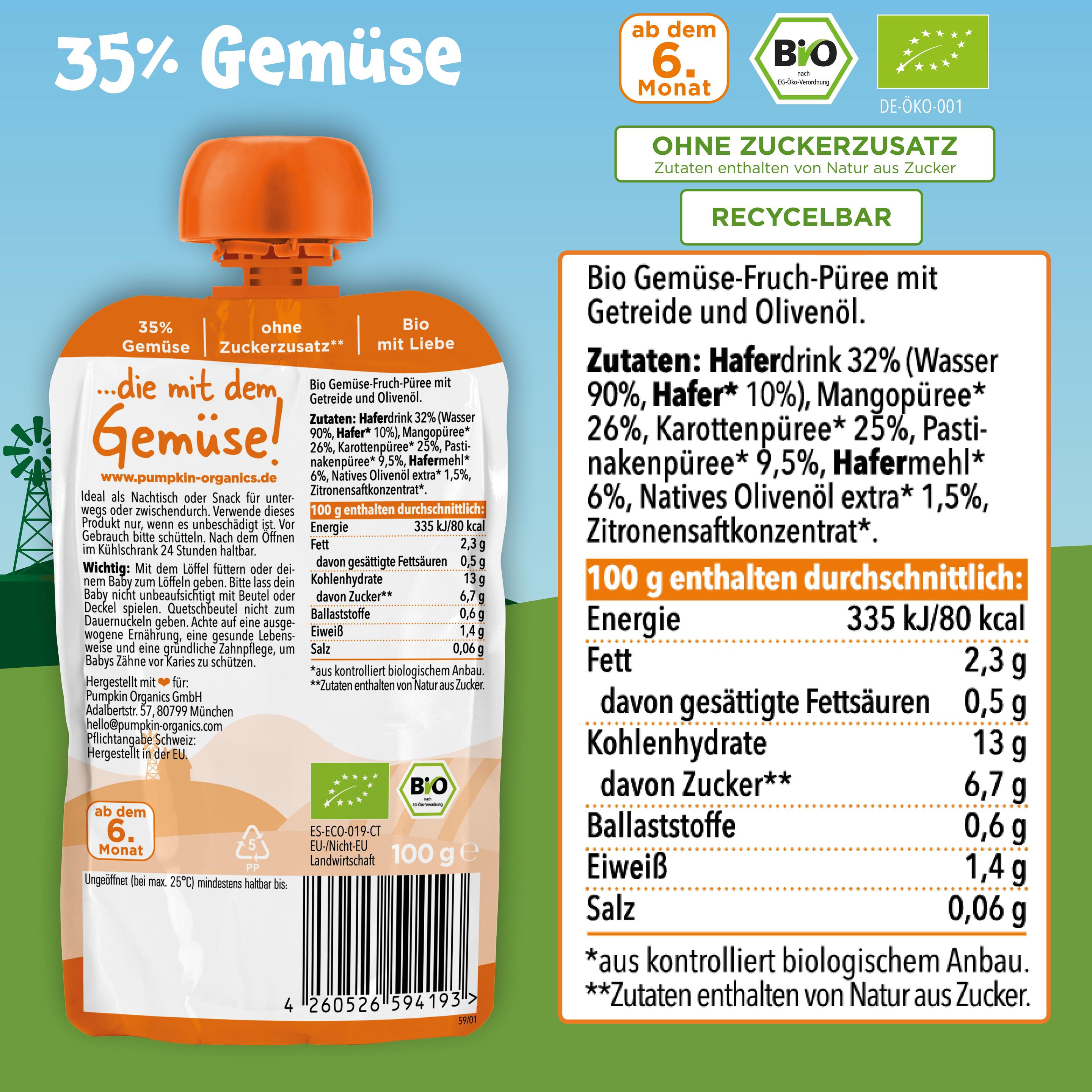 Produktbild pumpkin organics Bio Quetschie: Mango, Karotte, Pastinake, Hafer 9 von 10