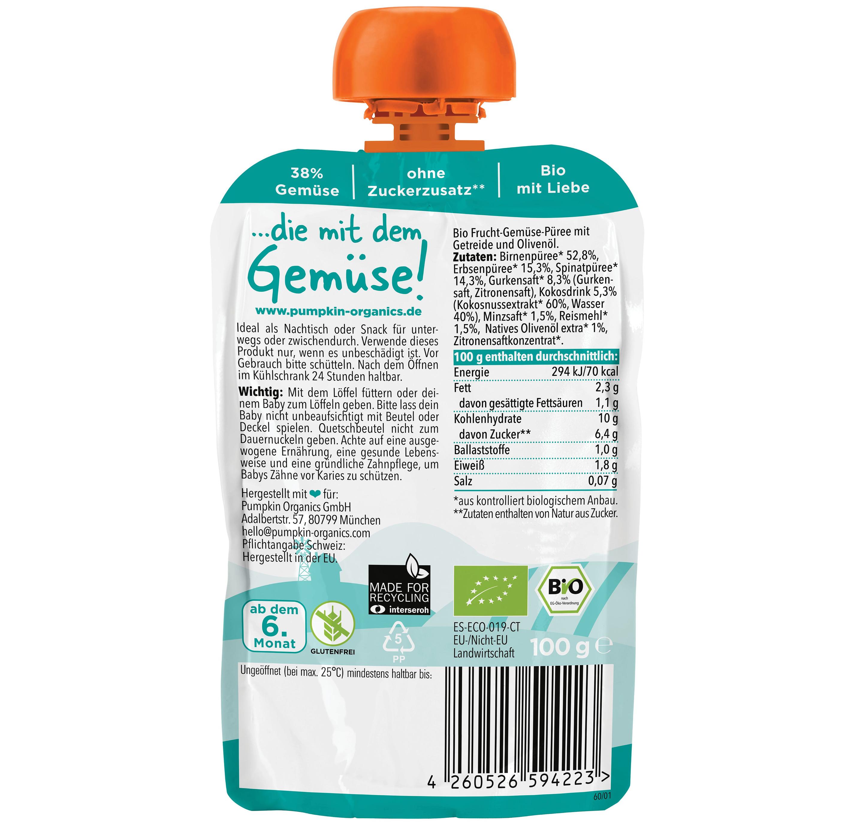 Produktbild pumpkin organics Bio Quetschie Birne, Erbsen, Spinat, Gurke, Kokos, Reis 2 von 9