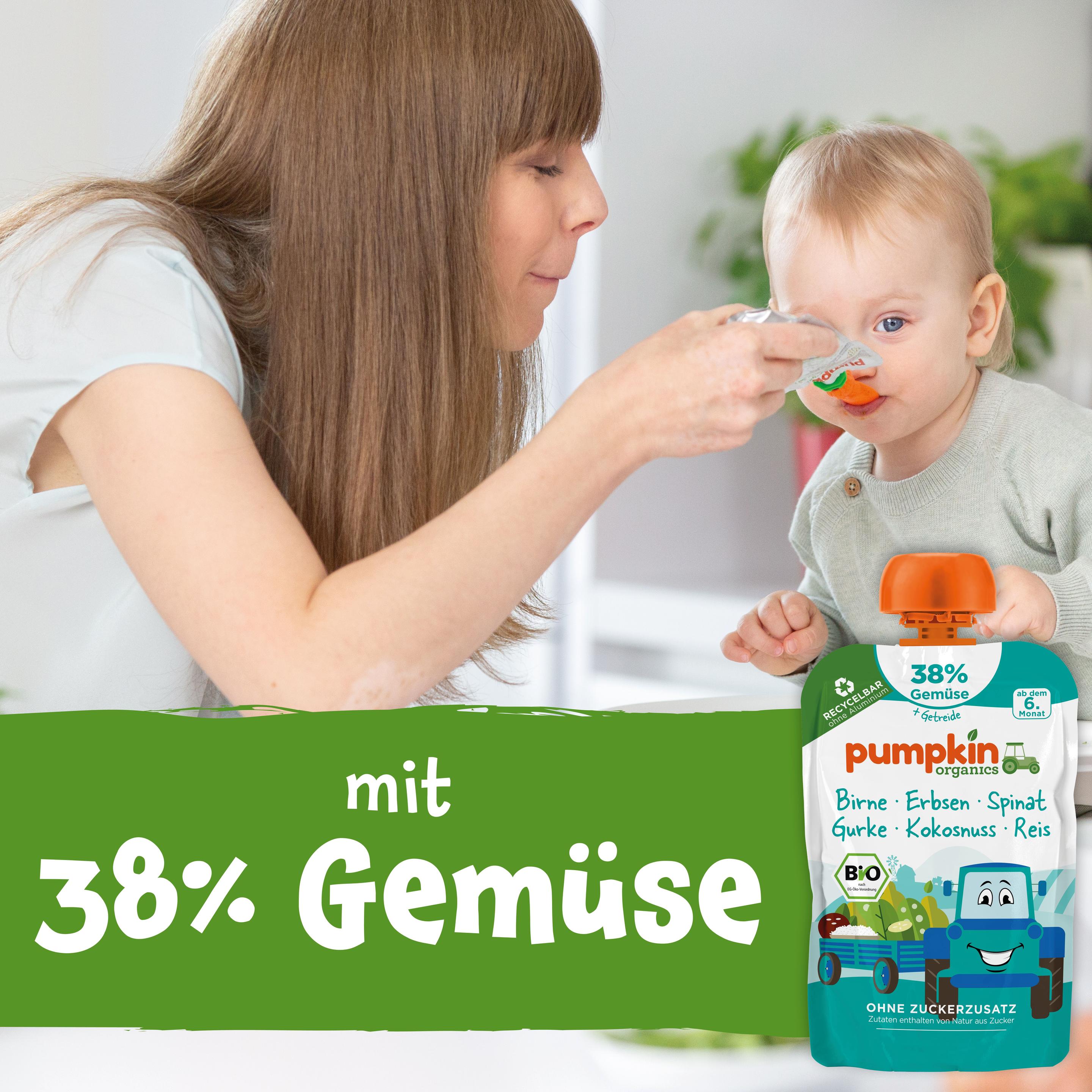 Produktbild pumpkin organics Bio Quetschie Birne, Erbsen, Spinat, Gurke, Kokos, Reis 3 von 9