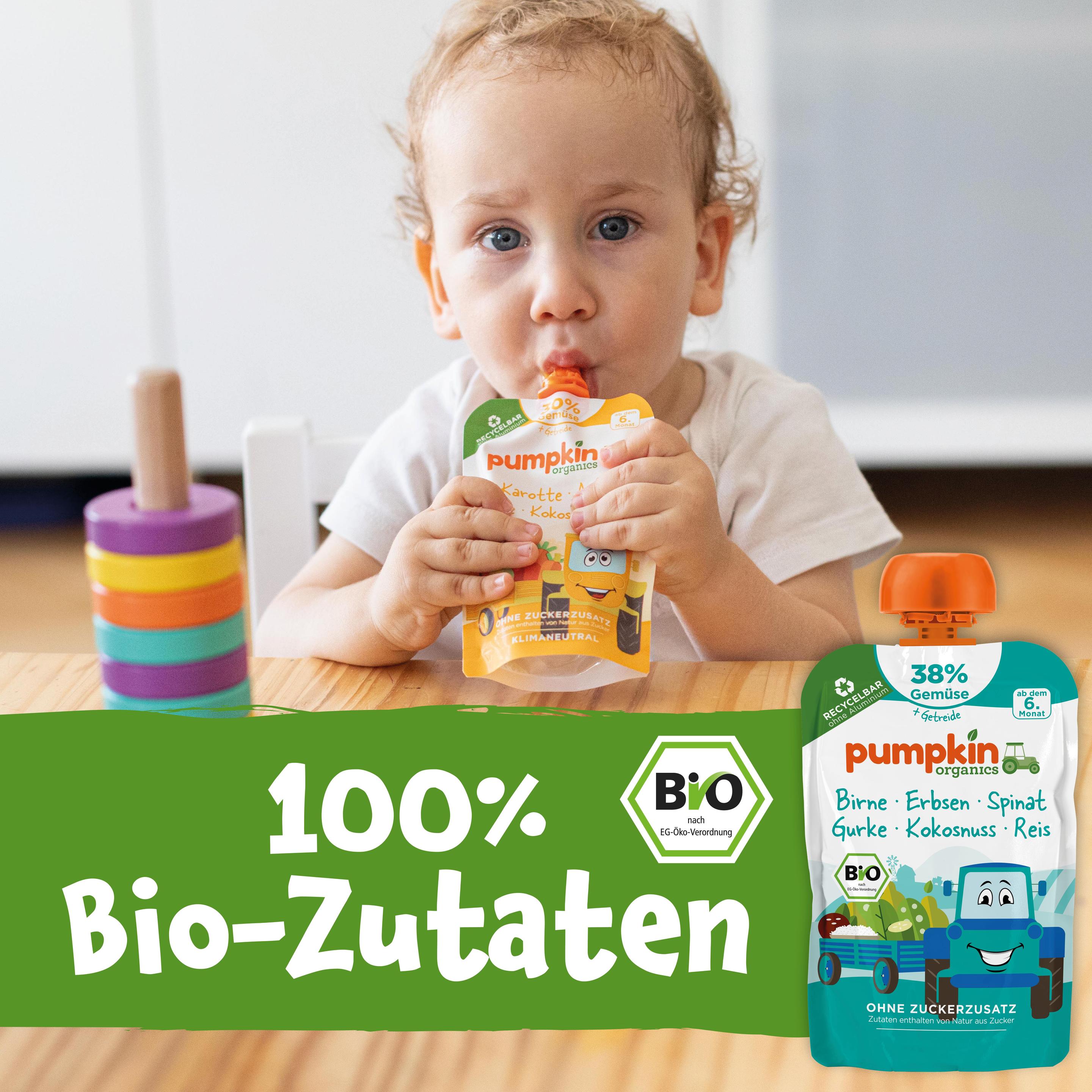 Produktbild pumpkin organics Bio Quetschie Birne, Erbsen, Spinat, Gurke, Kokos, Reis 4 von 9