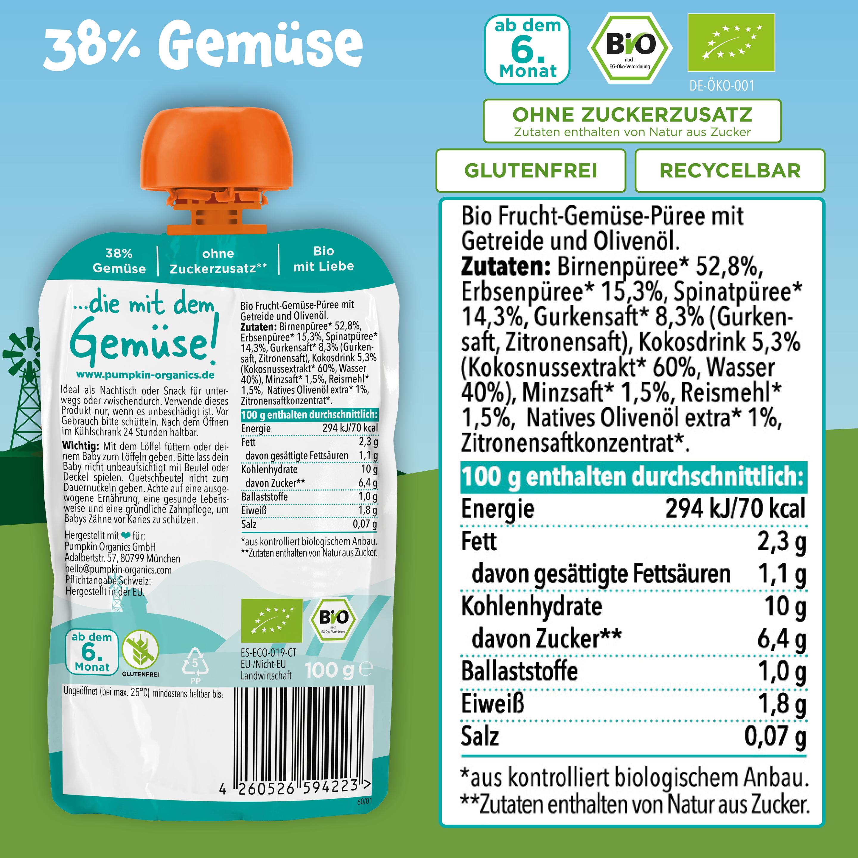 Produktbild pumpkin organics Bio Quetschie Birne, Erbsen, Spinat, Gurke, Kokos, Reis 8 von 9