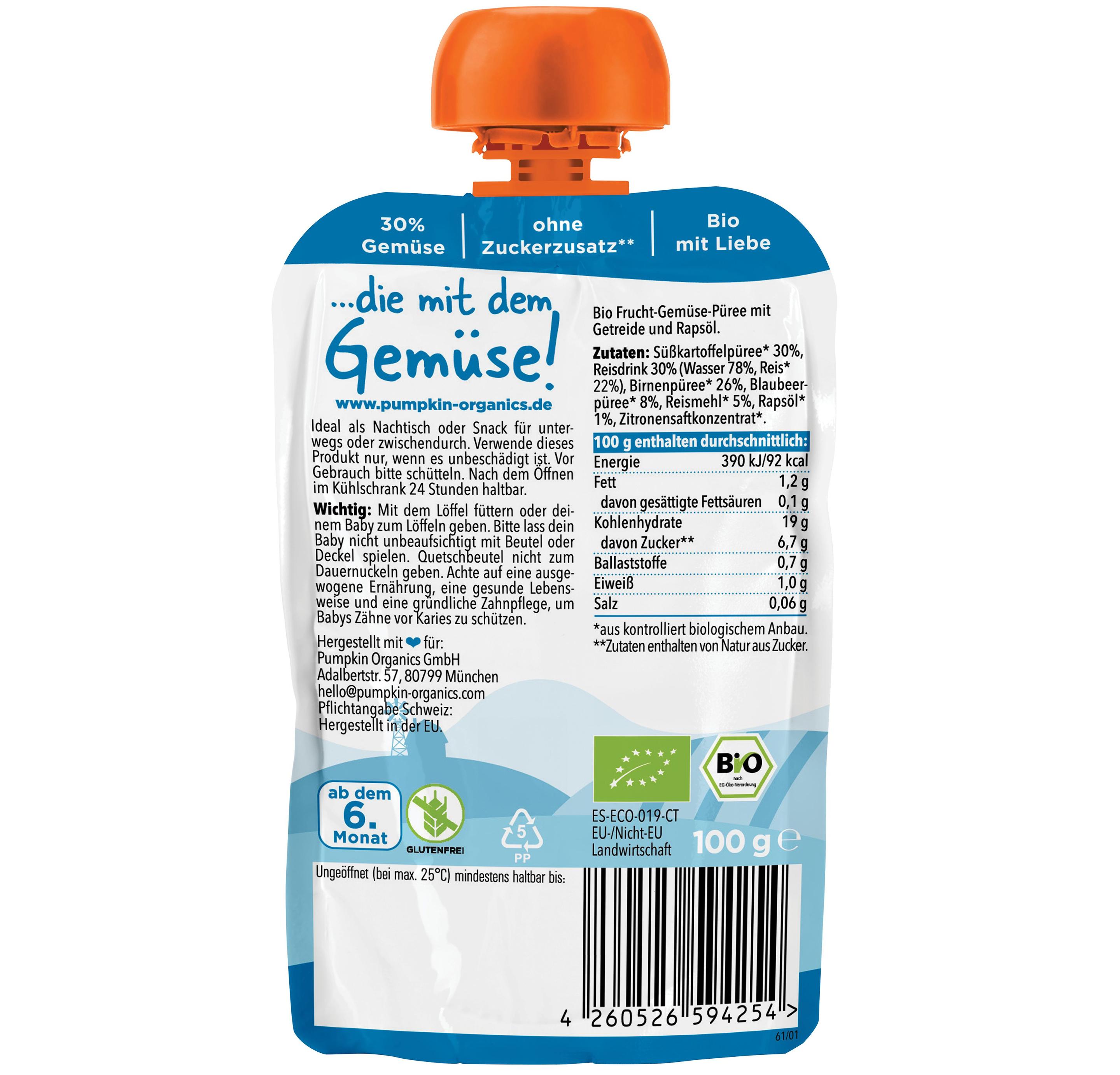 Produktbild pumpkin organics Bio Quetschie Süßkartoffel, Birne, Blaubeere, Reis 2 von 10