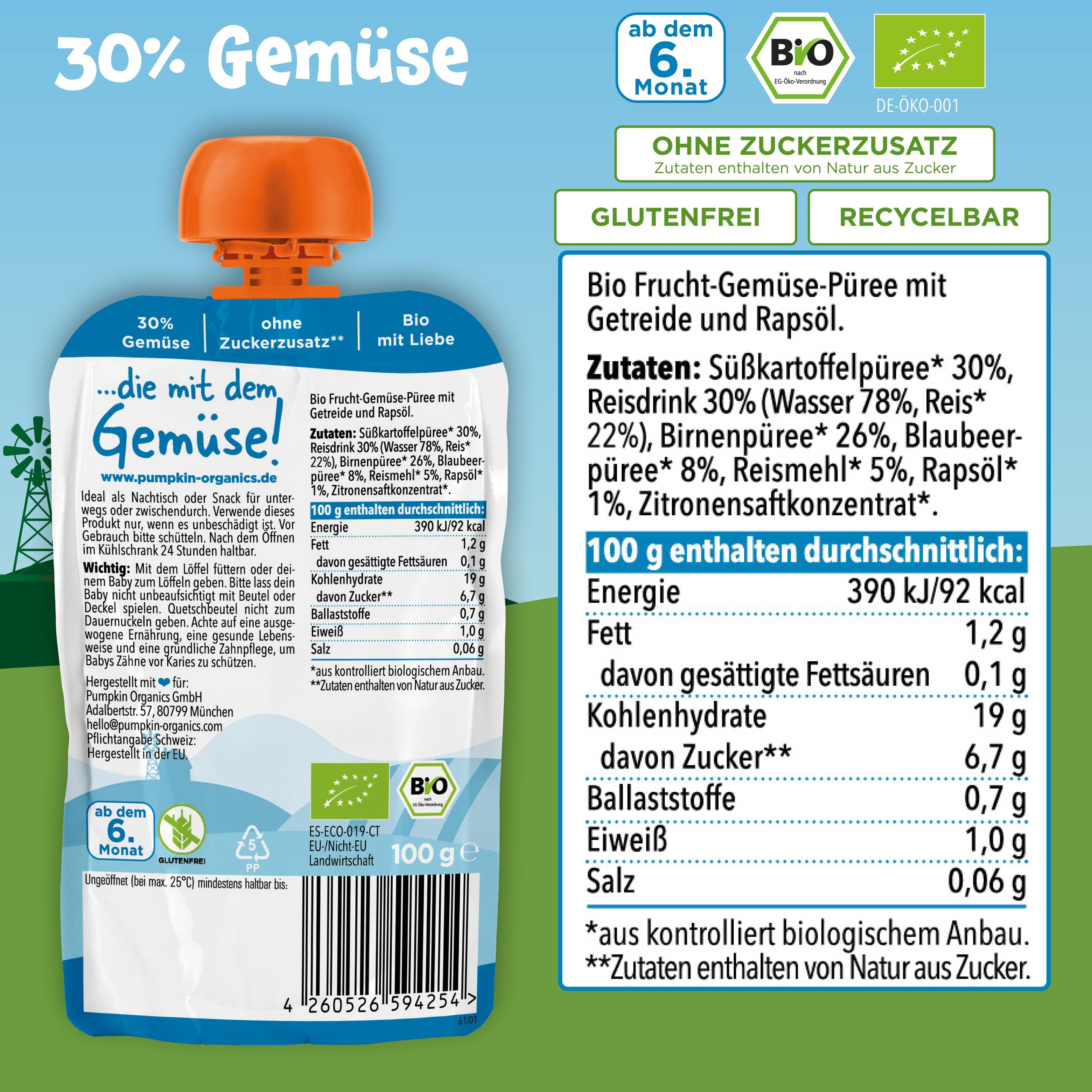 Produktbild pumpkin organics Bio Quetschie Süßkartoffel, Birne, Blaubeere, Reis 6 von 10
