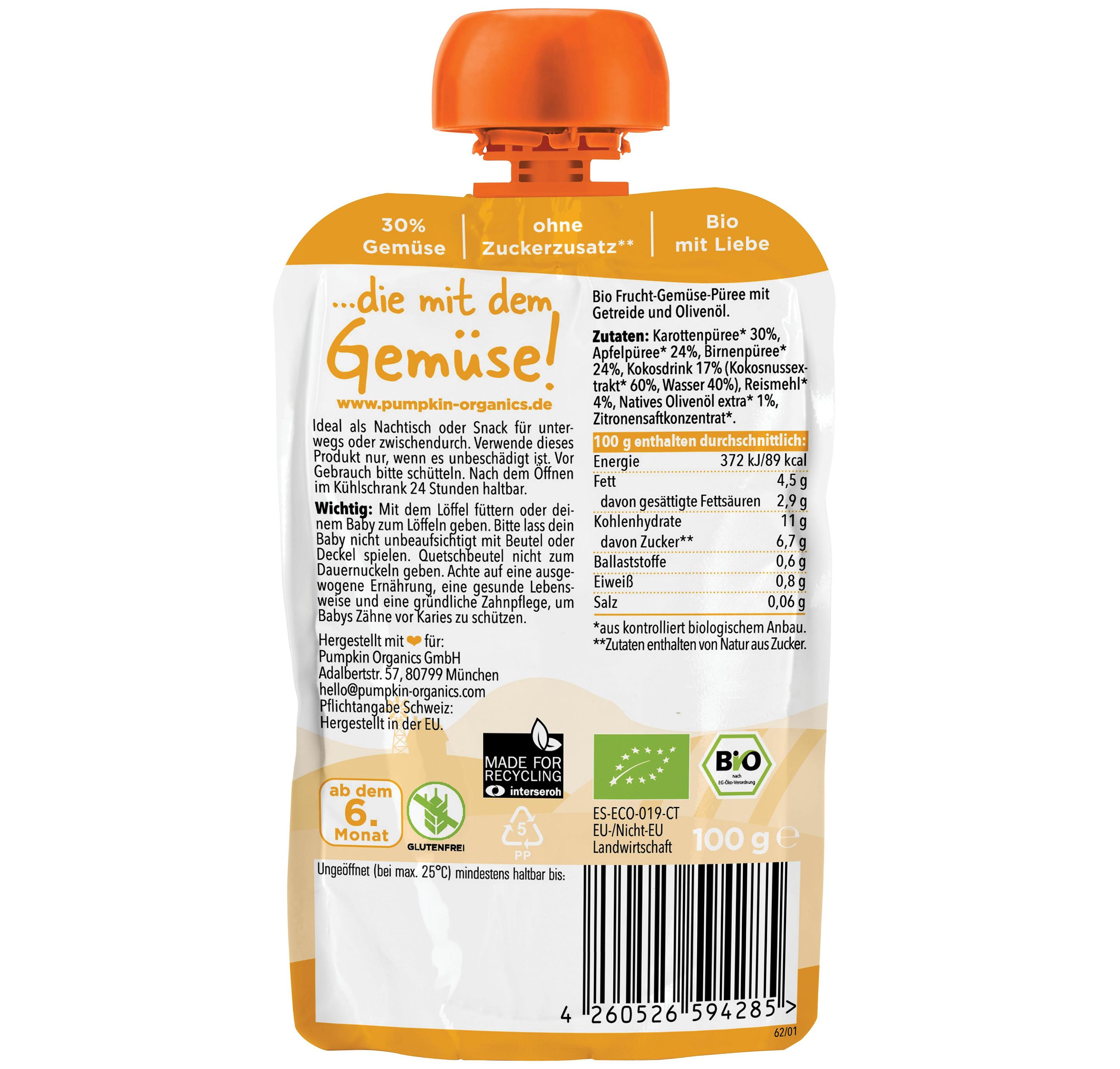 Produktbild pumpkin organics Bio Quetschie Karotte, Apfel, Birne, Kokos, Reis 2 von 10