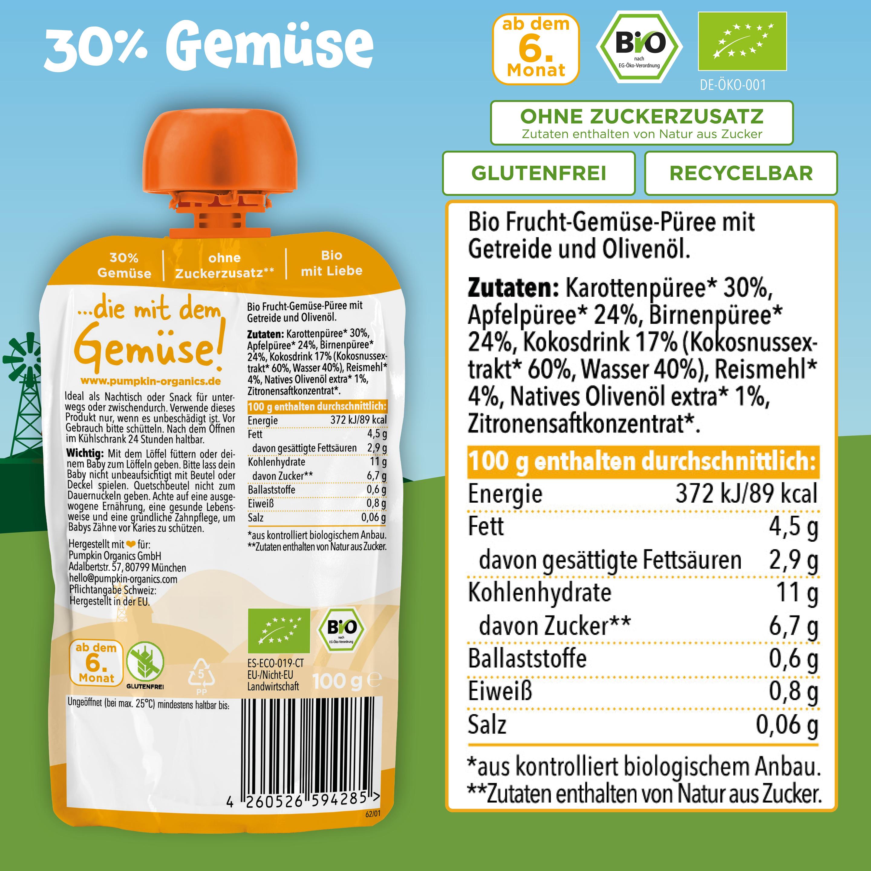 Produktbild pumpkin organics Bio Quetschie Karotte, Apfel, Birne, Kokos, Reis 7 von 10