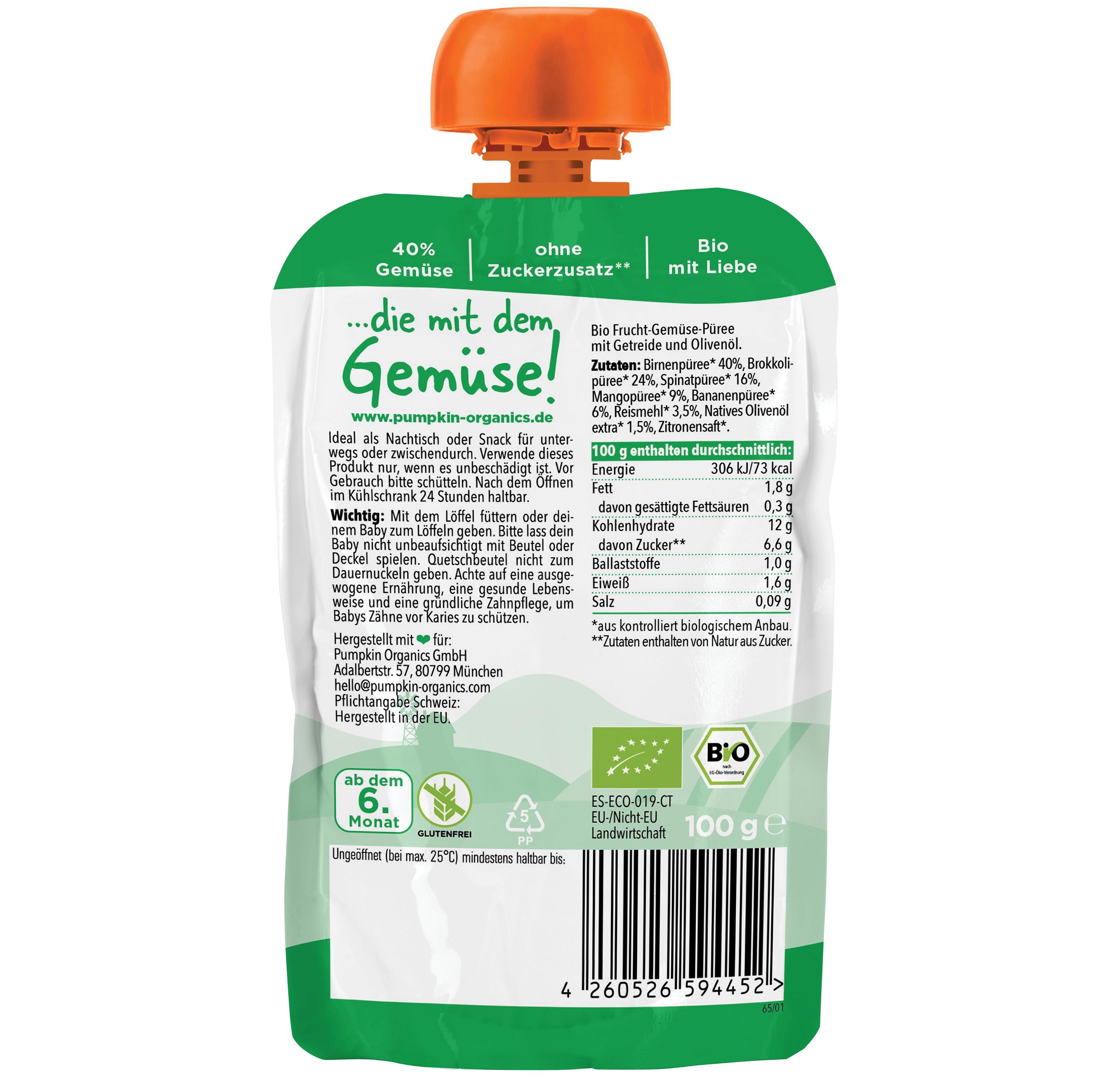 Produktbild pumpkin organics Bio Quetschie Birne, Brokkoli, Spinat, Mango 2 von 10