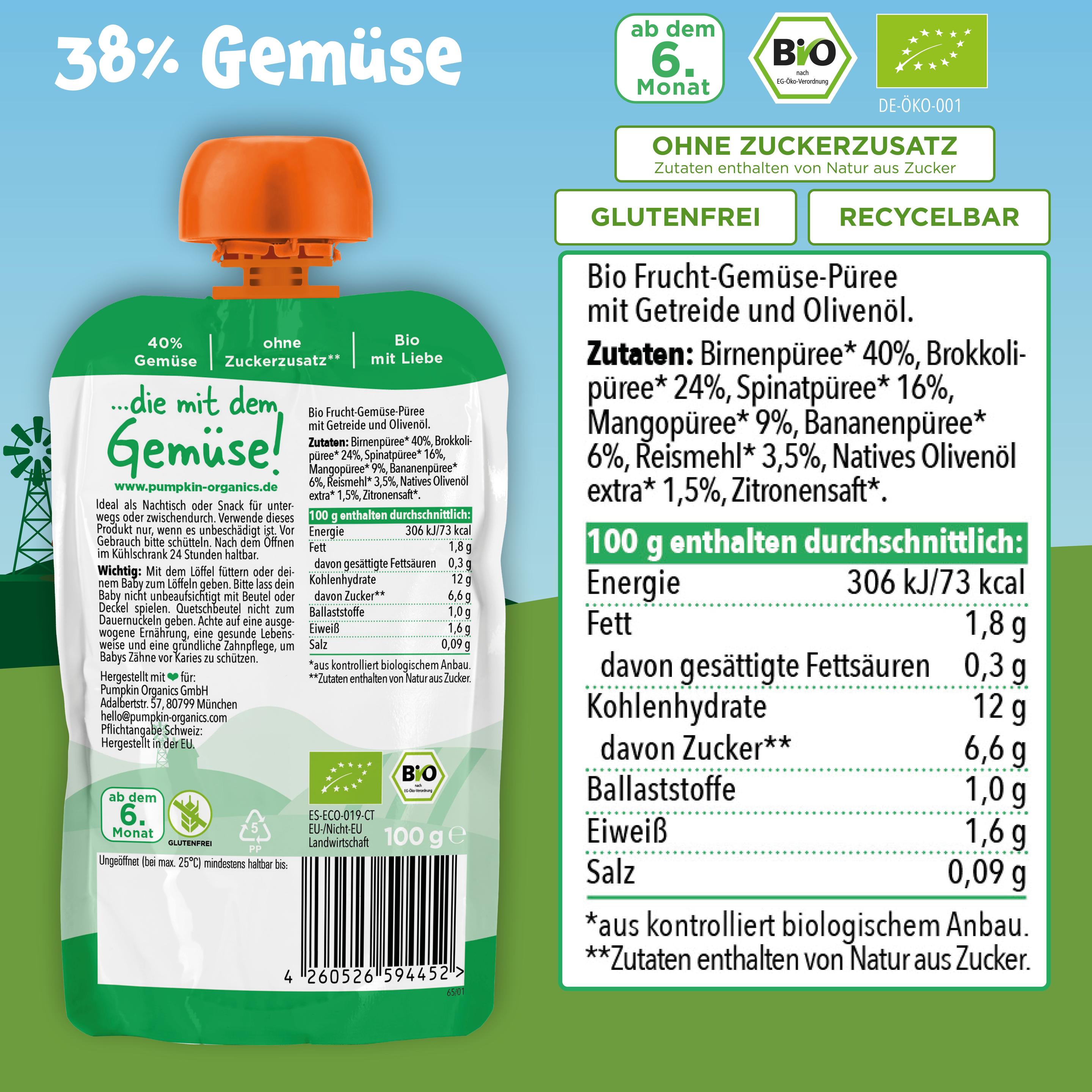 Produktbild pumpkin organics Bio Quetschie Birne, Brokkoli, Spinat, Mango 10 von 10