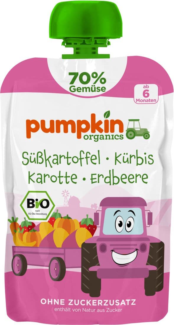 pumpkin organics Bio Quetschie Süßkartoffel, Kürbis, Karotte, Erdbeere