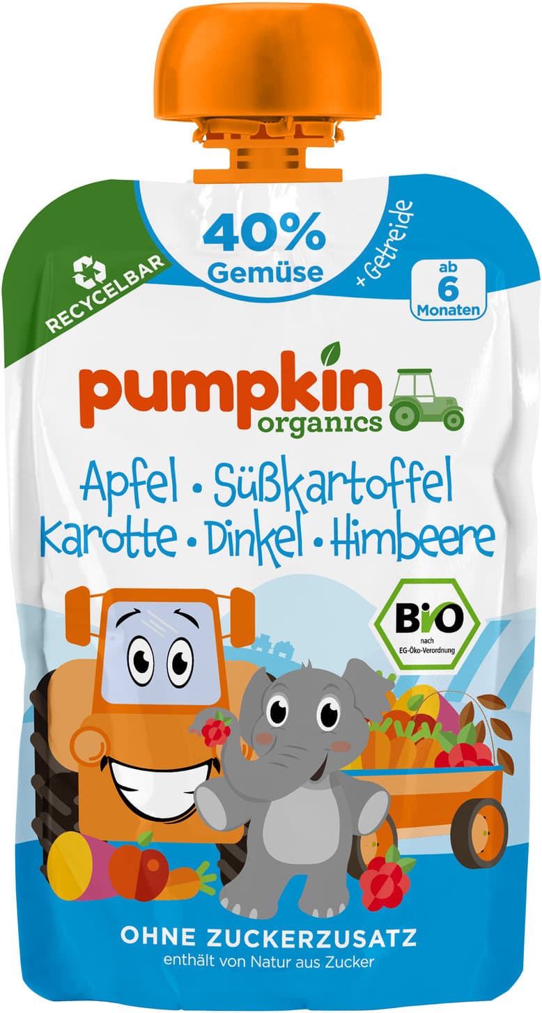 pumpkin organics Bio Quetschie Apfel, Süßkartoffel, Karotte, Dinkel, Himbeere
