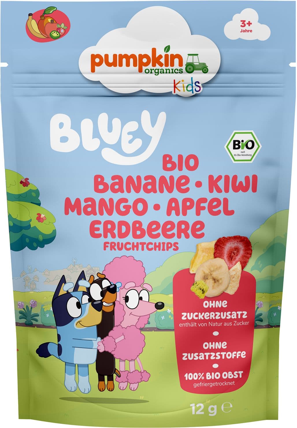 pumpkin organics Bluey Bio Banane, Kiwi, Mango, Apfel und Erdbeere Fruchtchips