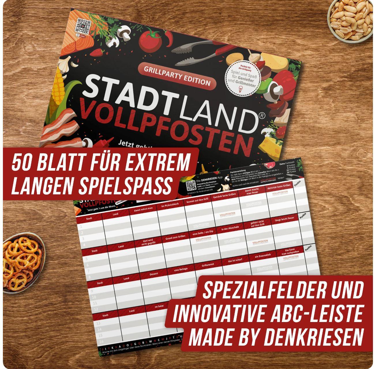 Produktbild Denkriesen - Stadt Land Vollpfosten® Grillparty Edition –"Jetzt geht's um die Wurst."| A4 Spielblock 3 von 6