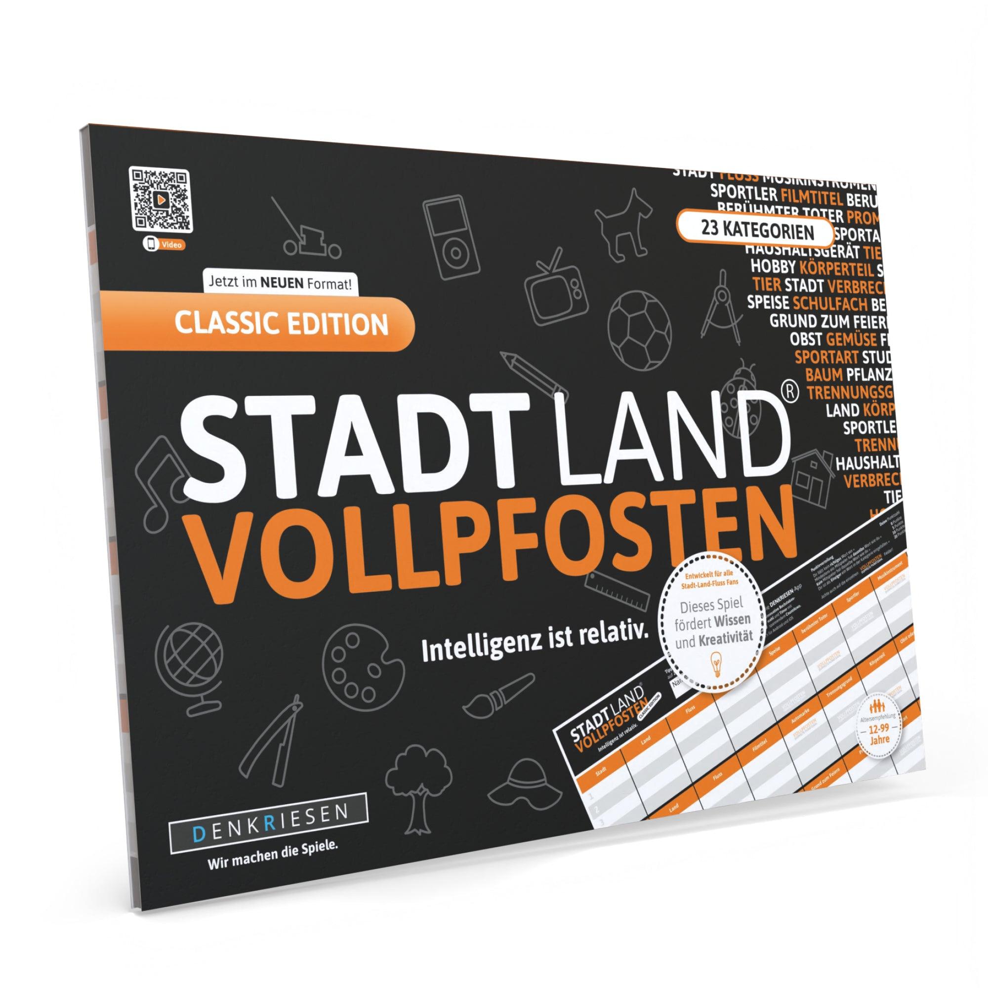 Denkriesen - Stadt Land Vollpfosten® Classic Edition –"Intelligenz ist relativ."| A4 Spielblock