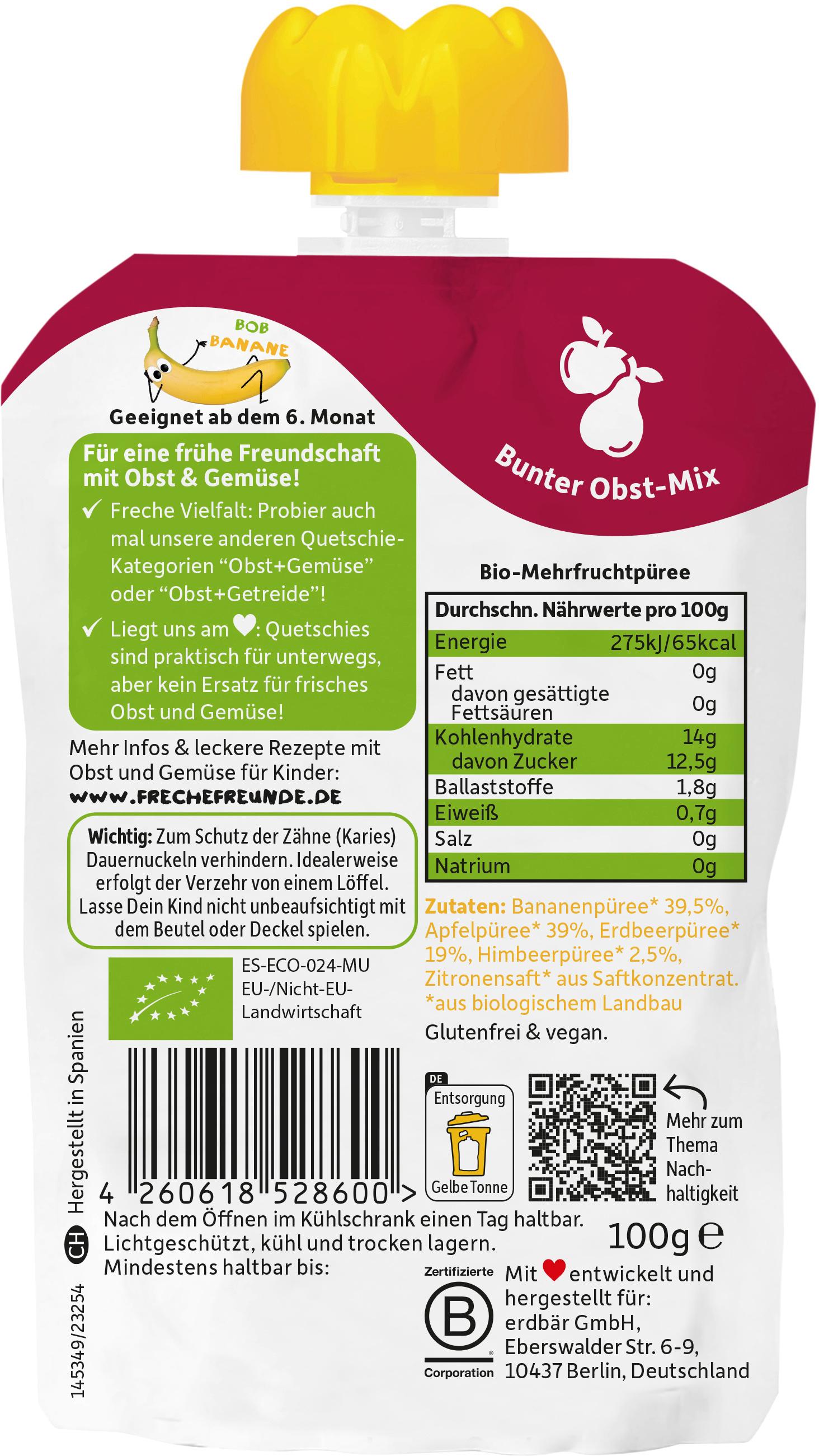 Produktbild Freche Freunde Fruchtpüree Quetschie Banane, Apfel, Erdbeere&Himbeere 2 von 11