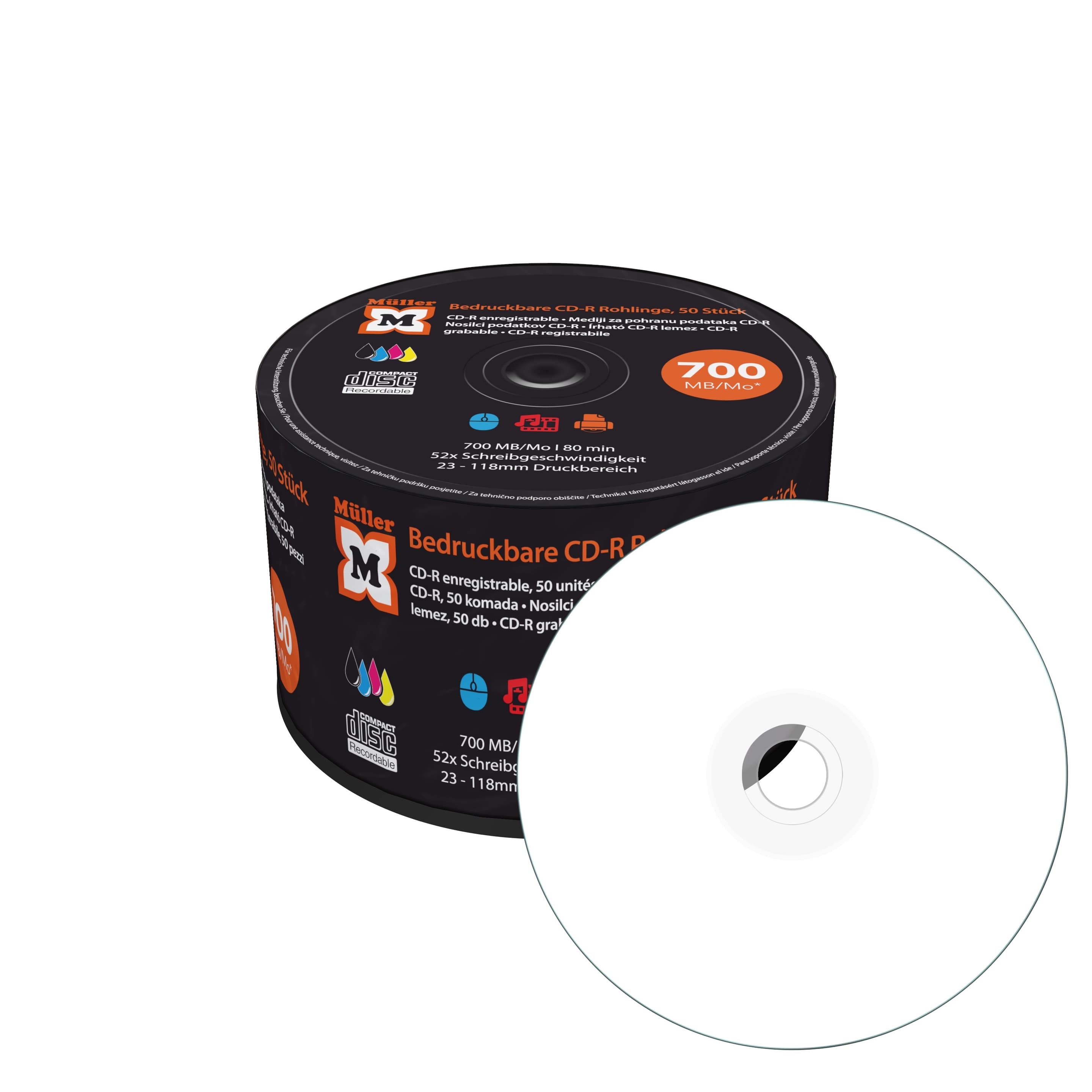 Müller CD-R 700MB I 80min, 52-fache Schreibgeschwindigkeit, vollflächig bedruckbar (Tintenstrahldrucker), 50er Pack