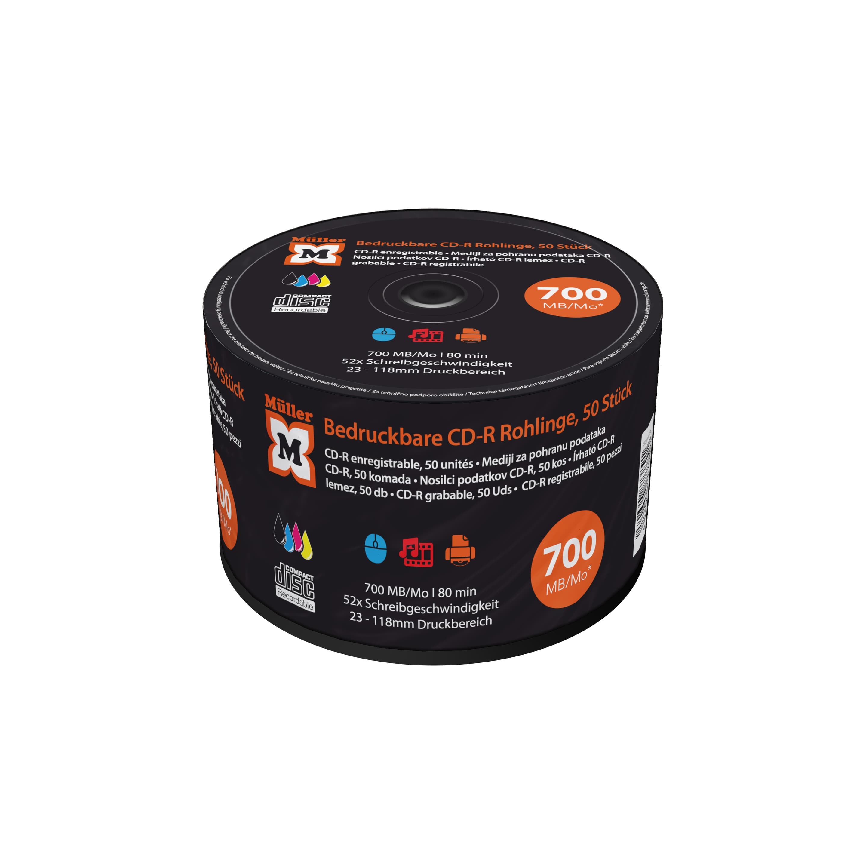 Produktbild Müller CD-R 700MB I 80min, 52-fache Schreibgeschwindigkeit, vollflächig bedruckbar (Tintenstrahldrucker), 50er Pack 2 von 2