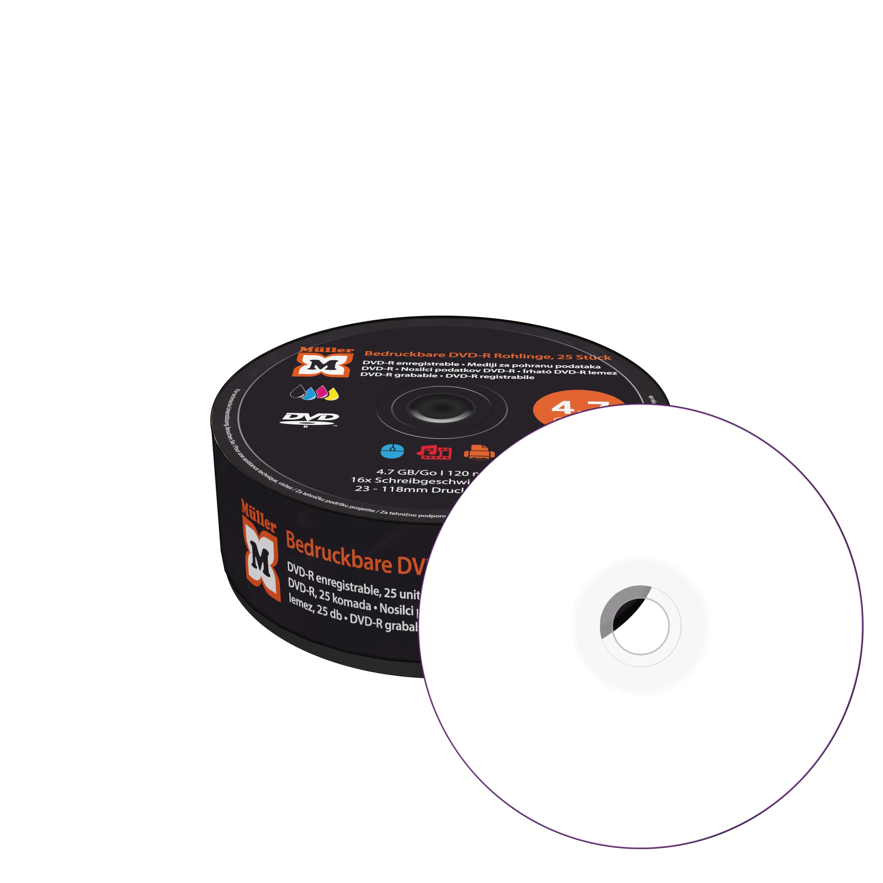 Produktbild Müller DVD-R 4.7GB I 120min, 16-fache Schreibgeschwindigkeit, vollflächig bedruckbar (Tintenstrahldrucker), 25er Pack 2 von 2