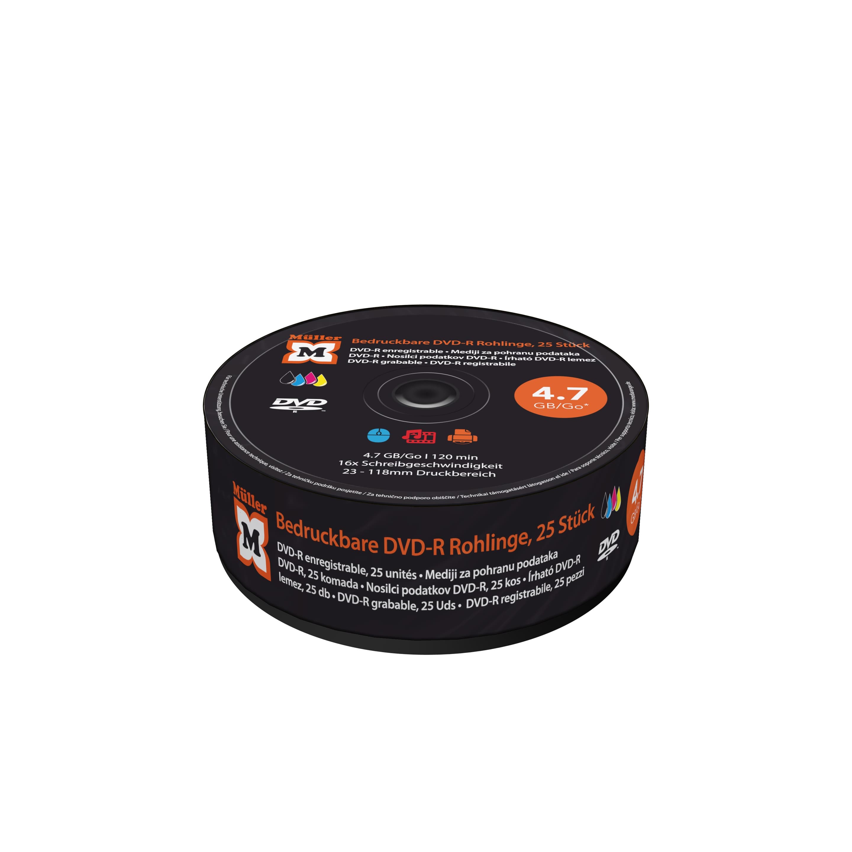 Müller DVD-R 4.7GB I 120min, 16-fache Schreibgeschwindigkeit, vollflächig bedruckbar (Tintenstrahldrucker), 25er Pack